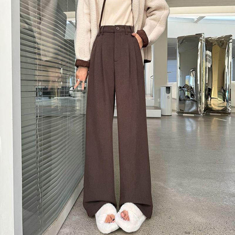 High Waist Plain Pleated Fleece-Lined Corduroy Wide Leg Pants Product Image