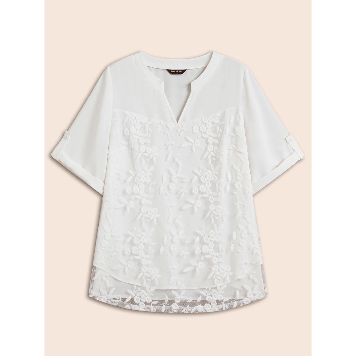 Plus Size WhiteSmoke Lace Patchwork Gathered Tab Sleeve Shirt Women Casual Elbow-length sleeve Notched collar Everyday Blouses BloomChic 12/L Product Image