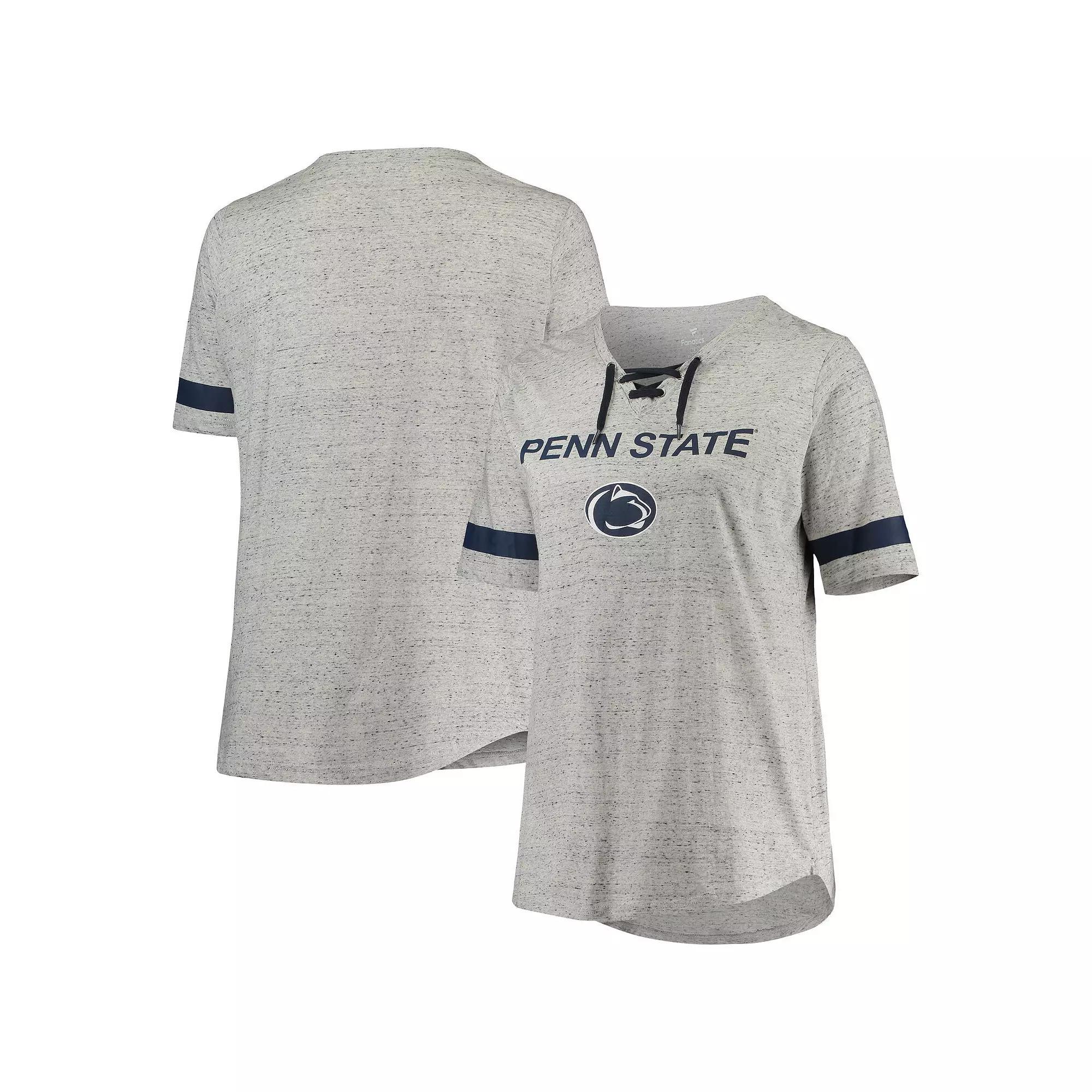 Women's Heathered Gray/Navy Penn State Nittany Lions Plus Size Lace-Up V-Neck T-Shirt, Size: 2XL, Grey Product Image