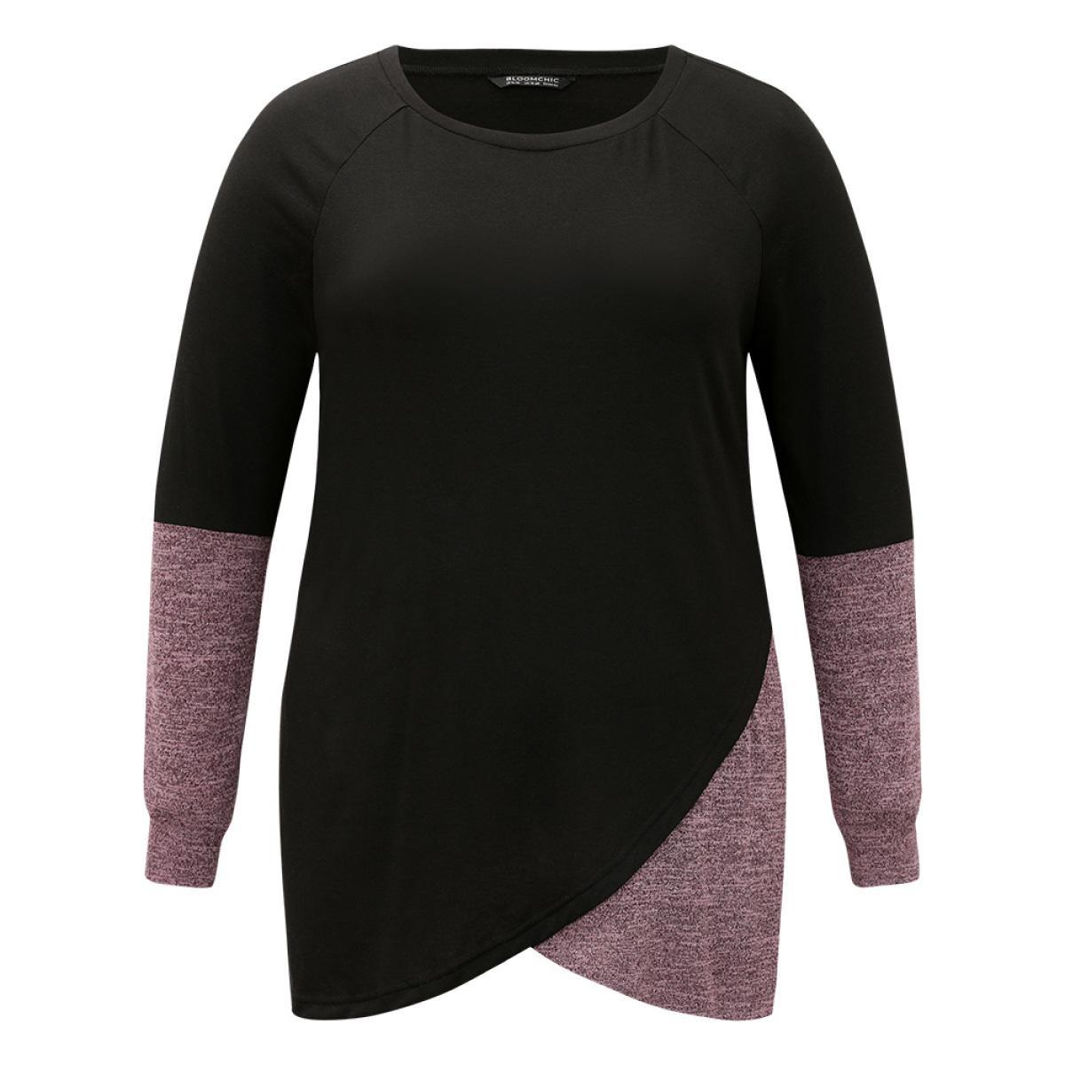 Plus Size Two Tone Patchwork Heather Arc Hem T-shirt Black Women Casual Contrast Plain Round Neck Dailywear T-shirts BloomChic 26/4X Product Image