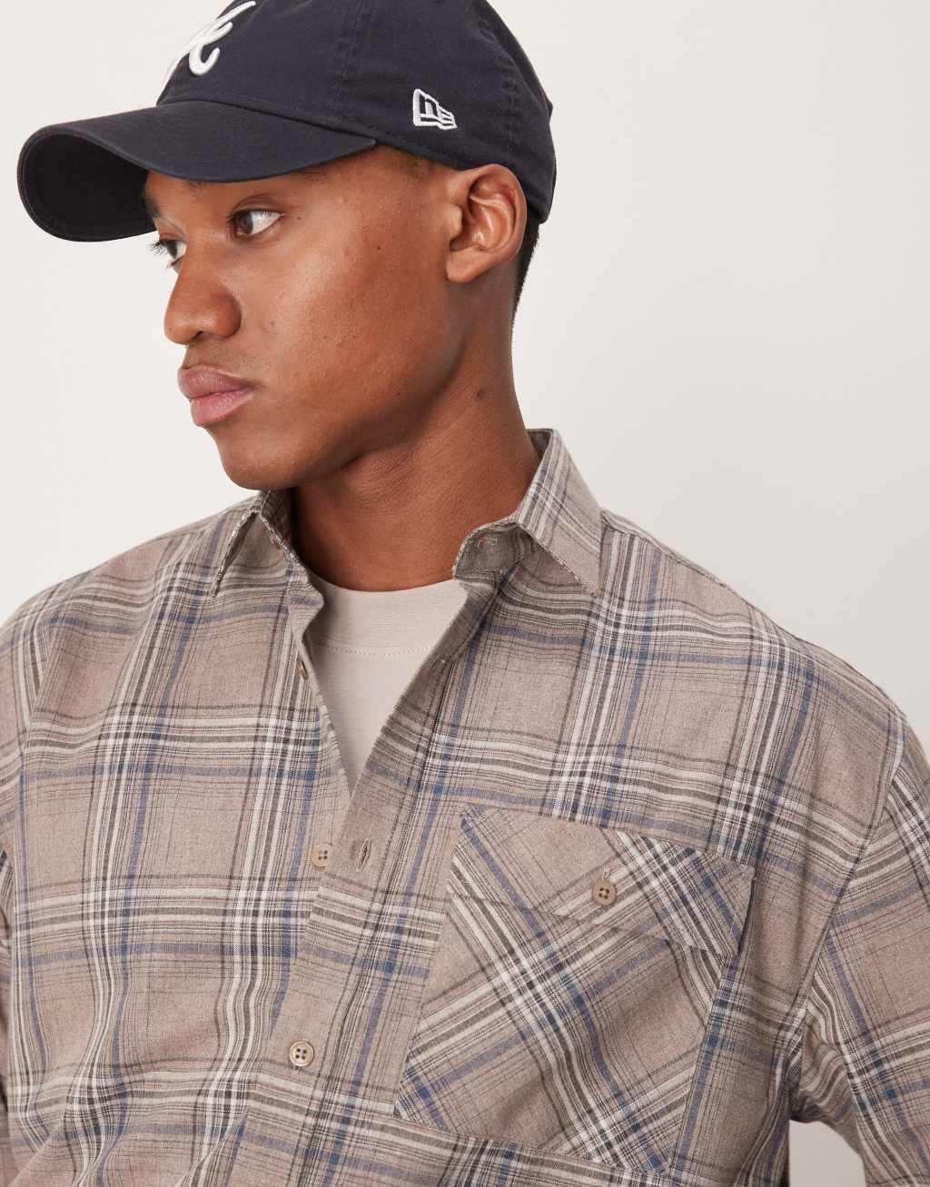 ASOS DESIGN oversized boxy shirt in beige check Product Image