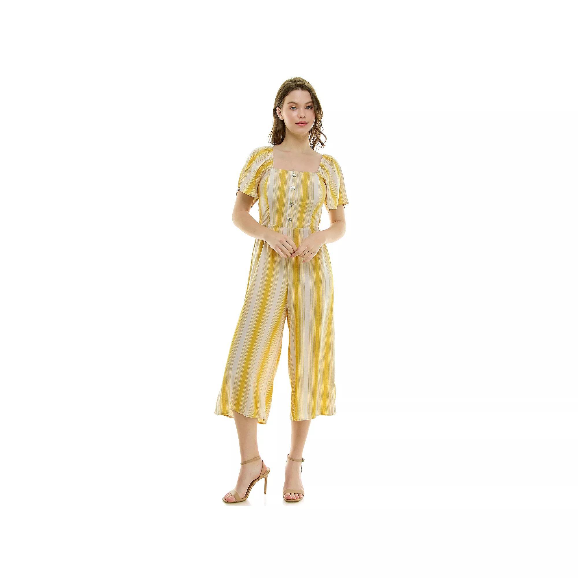 Women's Luxology Short Sleeve Smocked Back Cropped Jumpsuit, Girl's, Size: Large, Yellow Cream Product Image