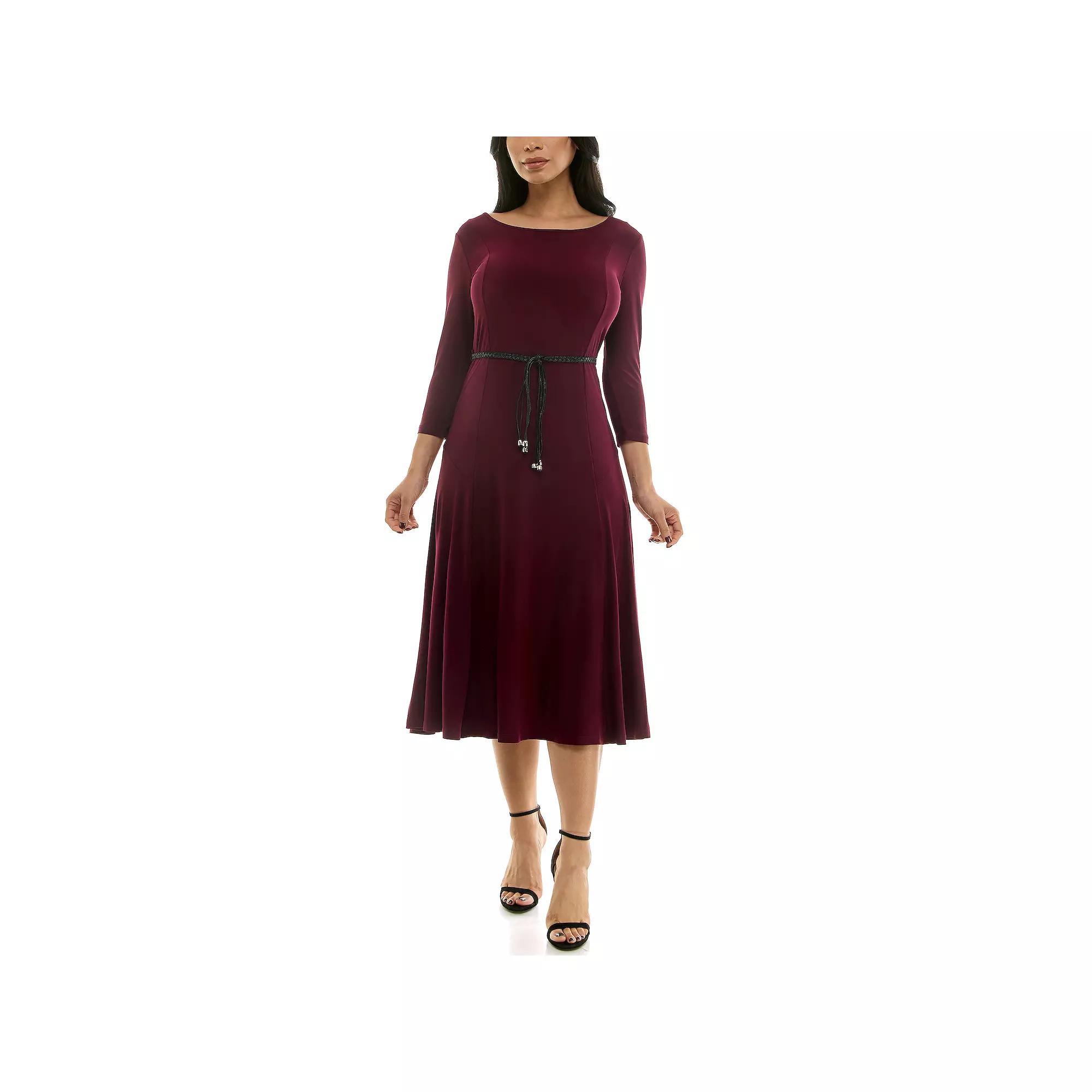 Women's Nina Leonard Sylvia Three-Quarter Sleeve Belted Midi Dress, Size: Small, Deep Red Product Image