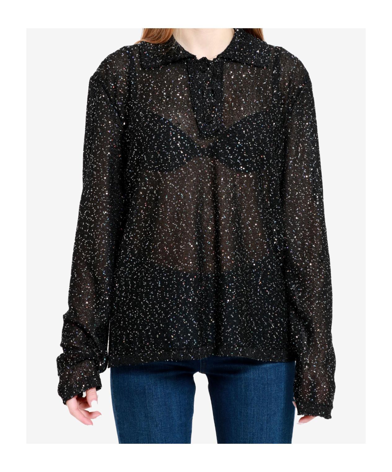 MSGM Embellished Knitted Polo Shirt In Black Product Image