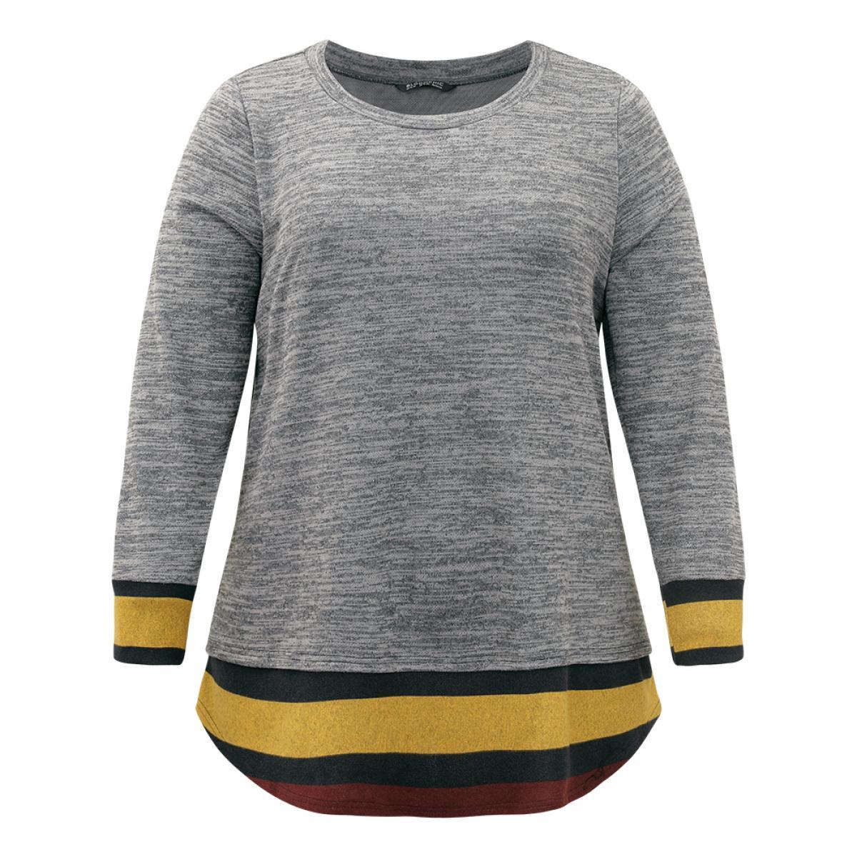 Plus Size Striped Heather Patchwork Curved Hem Sweatshirt Women Gray Casual Contrast Round Neck Dailywear Sweatshirts BloomChic 22-24/3X Product Image