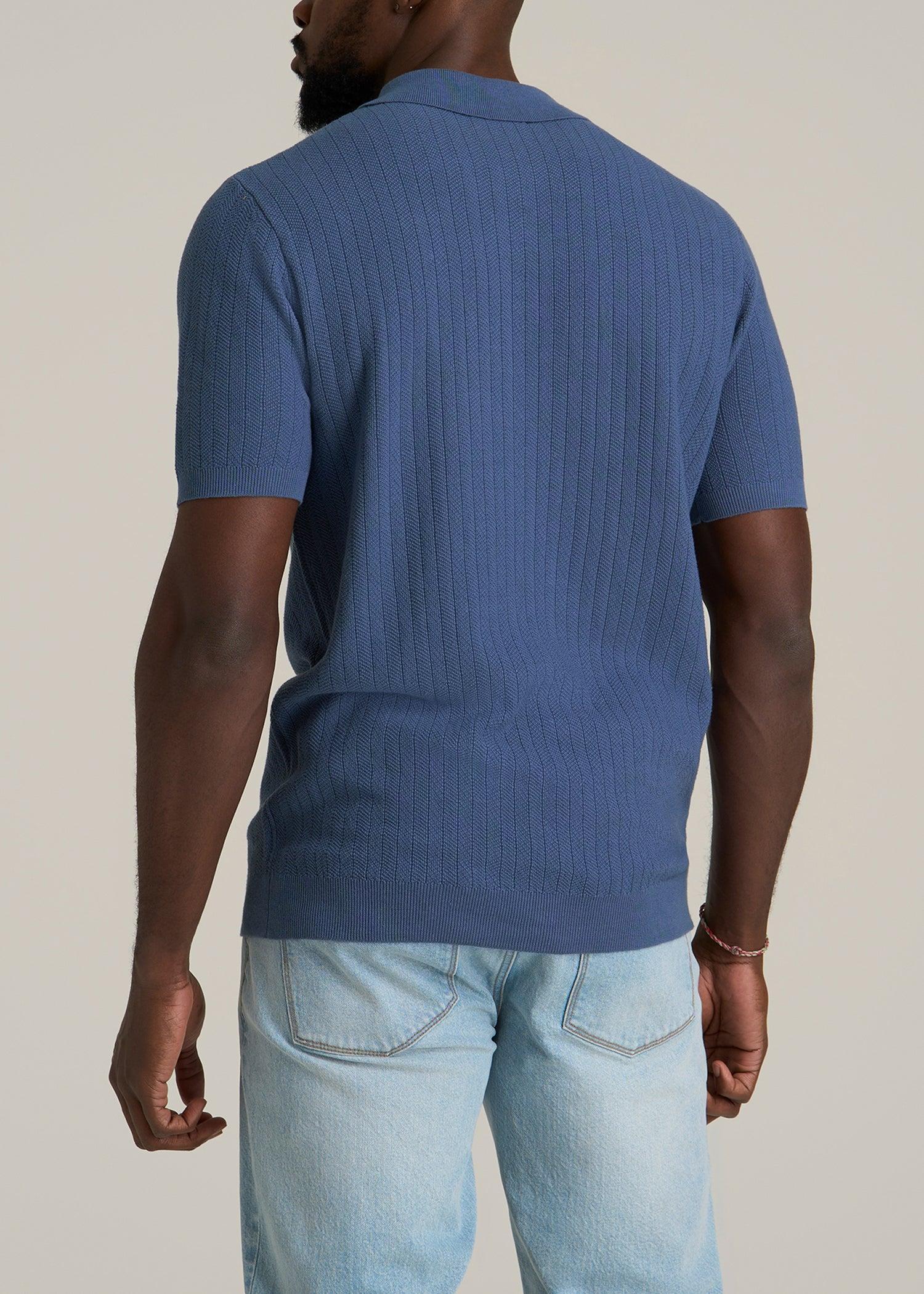 Linen Blend Ribbed Knit Polo Shirt for Tall Men in Steel Blue Product Image