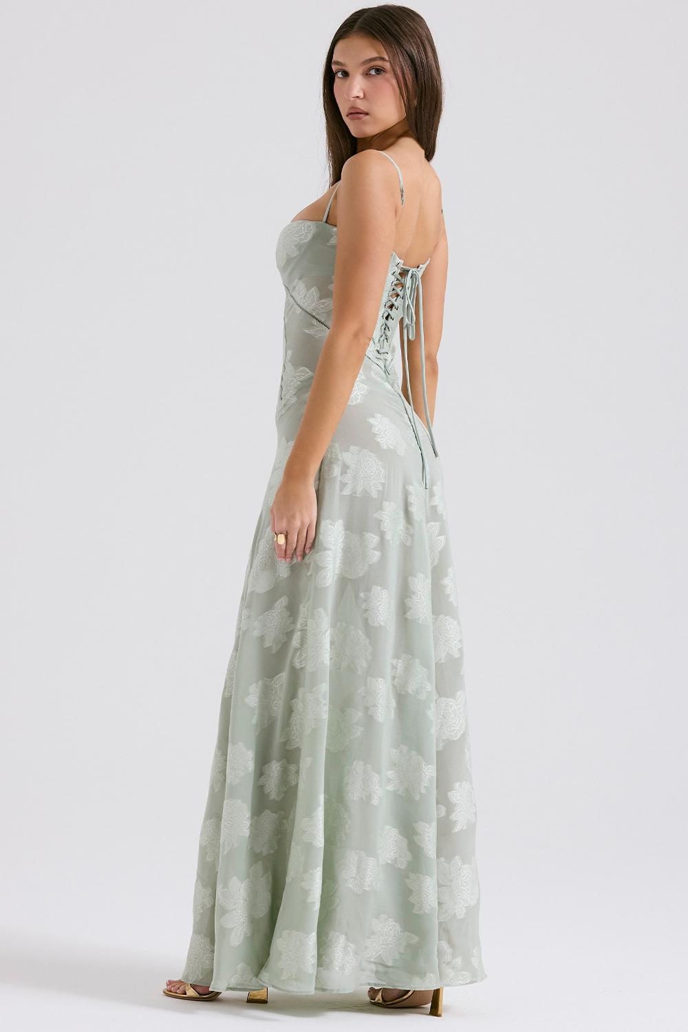 Seren Pistachio Floral Lace Back Maxi Dress Product Image