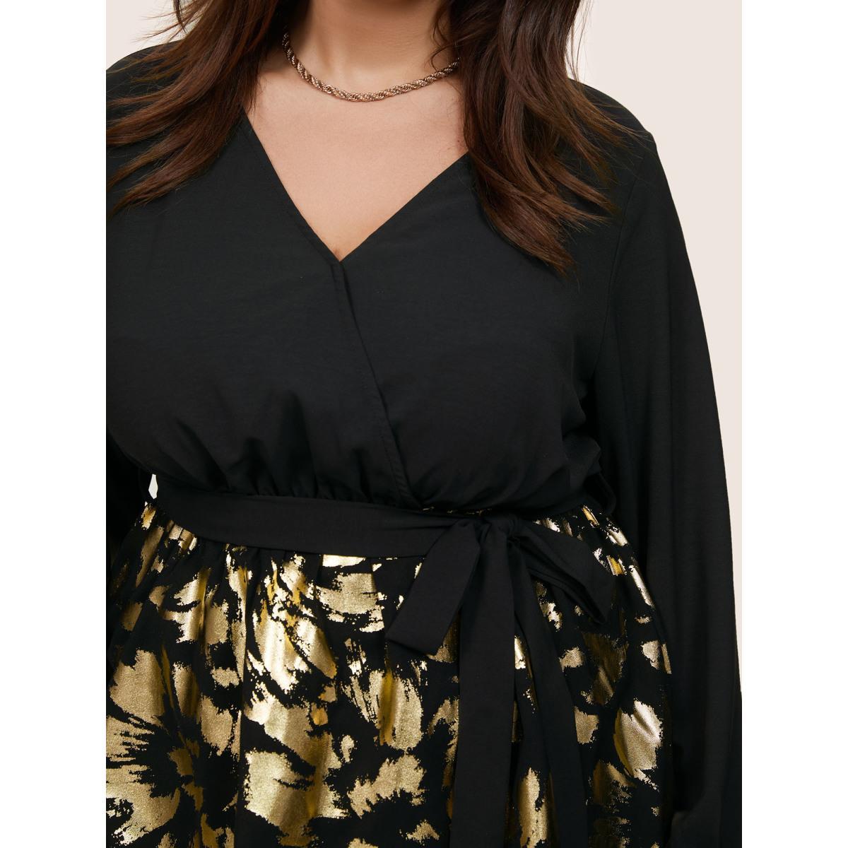 Plus Size Black Glitter Patchwork Ruffles Wrap Belted Blouse Women Cocktail Long Sleeve Overlap Collar Party Blouses BloomChic 30/6X Product Image