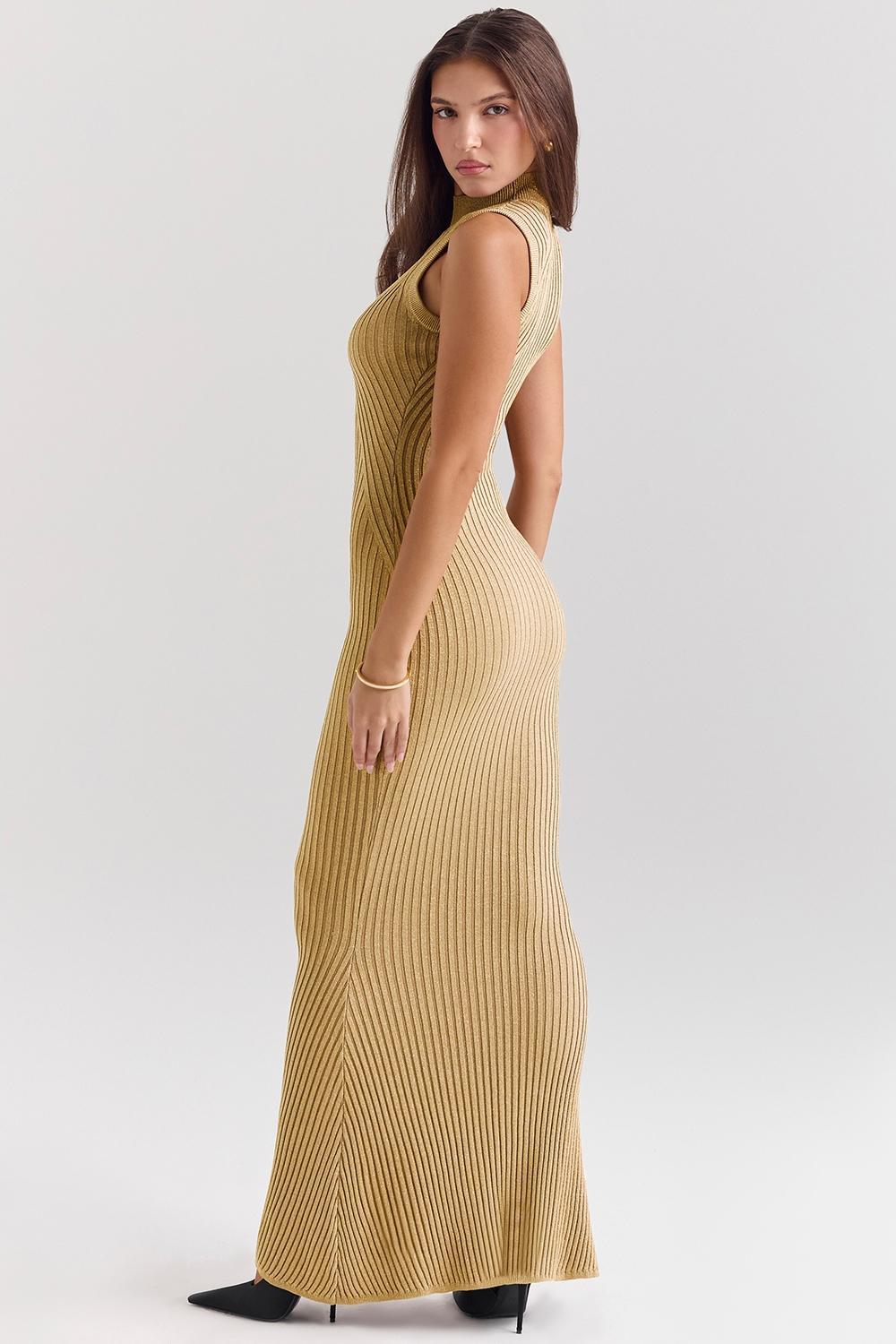 Emmie  gold metallic ribbed maxi dress Product Image