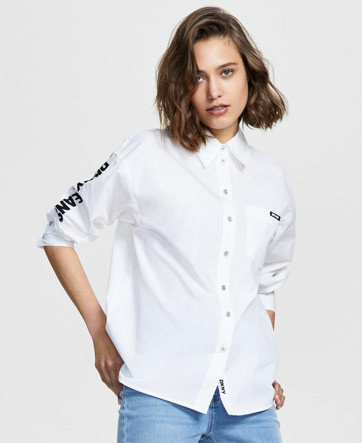Dkny Jeans Womens Cotton Embroidered-Logo Shirt - WHITE Product Image
