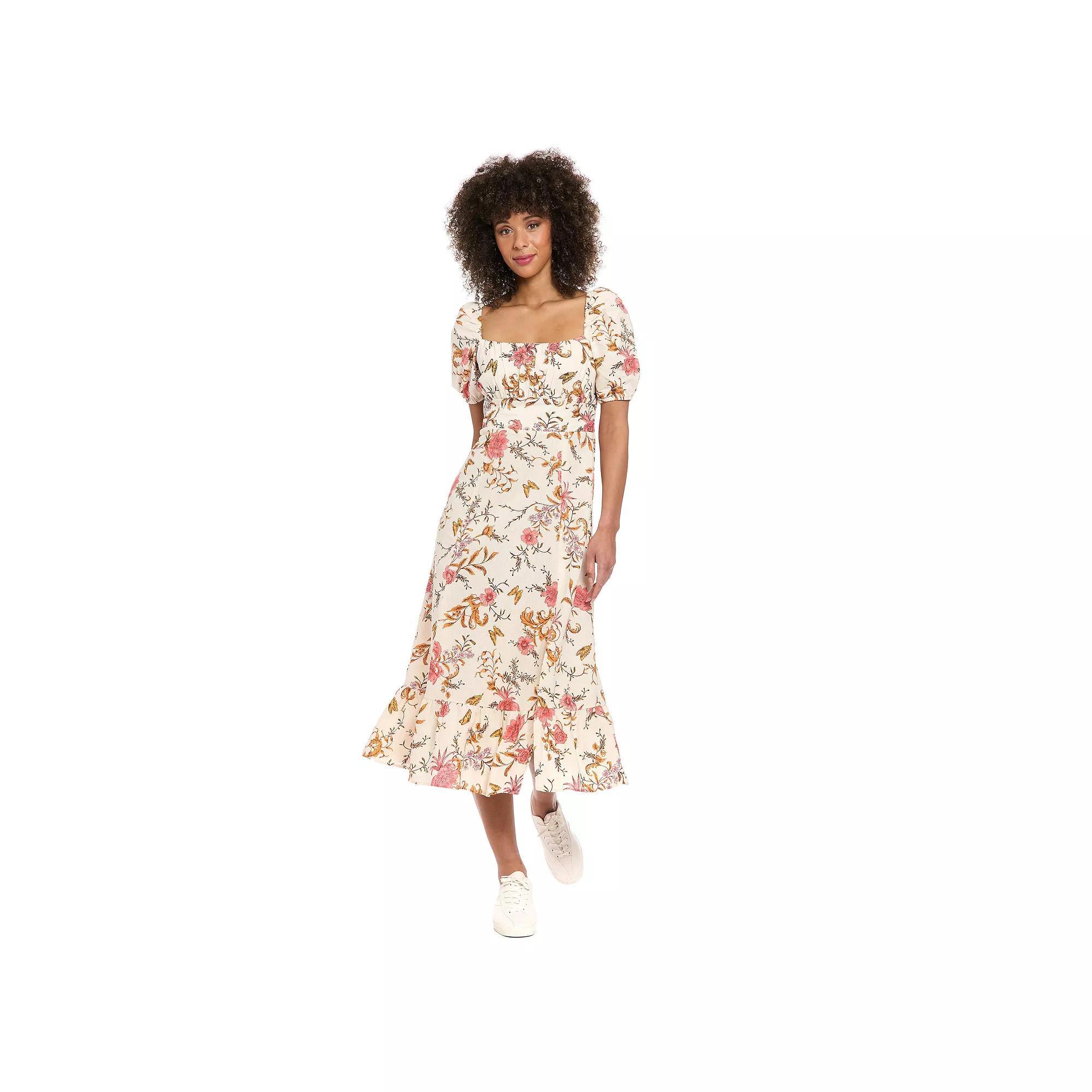 Women's London Times Floral Squareneck Puff Sleeve Empire Waist Midi Dress, Size: 4, Cream Pink Product Image