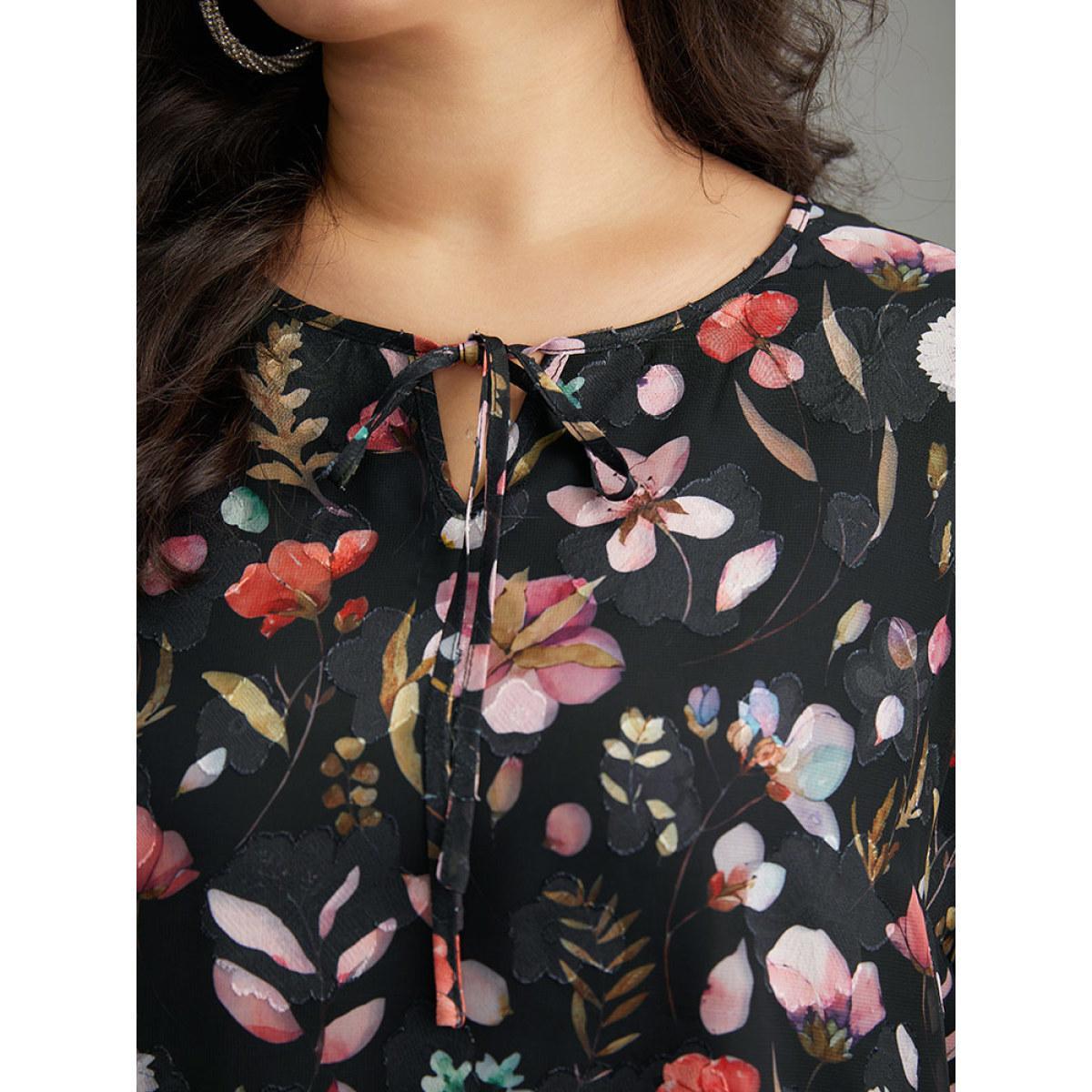 Plus Size BlackFlower Floral Print Chiffon Knot Neck Lantern Sleeve Blouse Women Elegant Long Sleeve Tie Neck Dailywear Blouses BloomChic 10/M Product Image