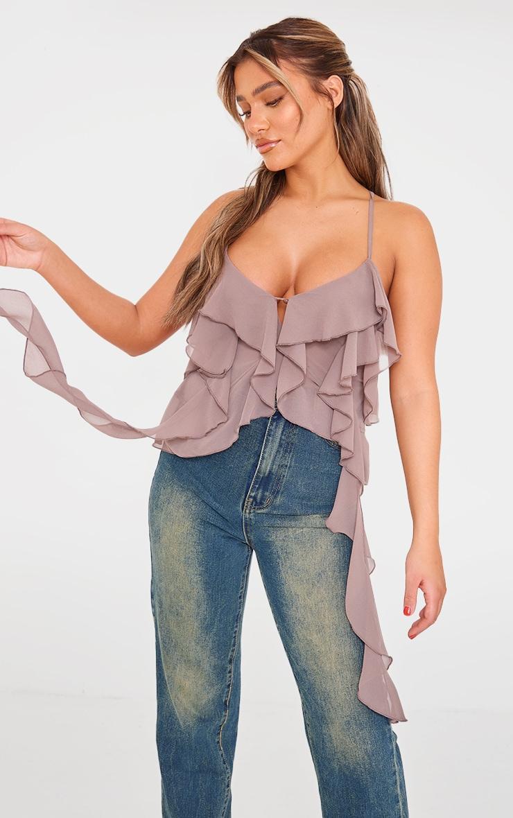 Taupe Cross Back Chiffon Ruffle Top Product Image