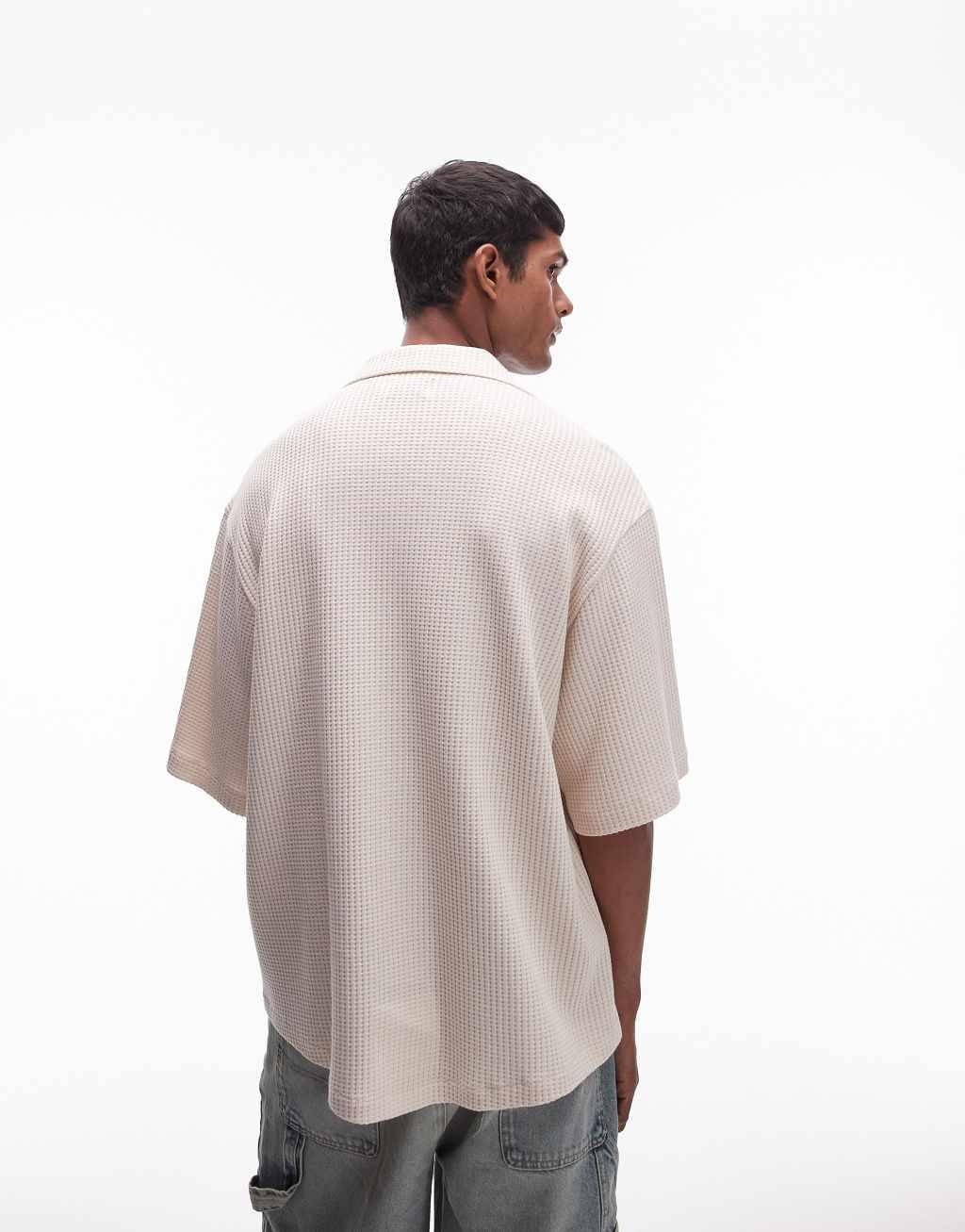 Topman oversized fit waffle button up shirt in ecru Product Image
