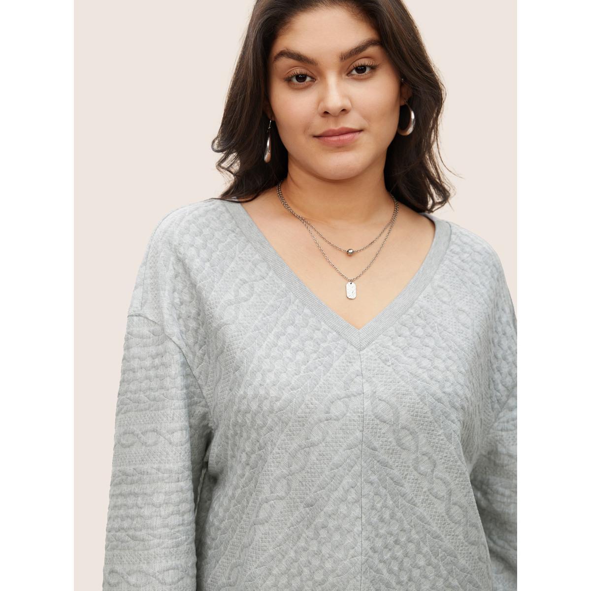 Plus Size Solid Plisse V Neck Drop Shoulder Sweatshirt Women Gray Casual Texture V-neck Everyday Sweatshirts BloomChic 28/5X Product Image