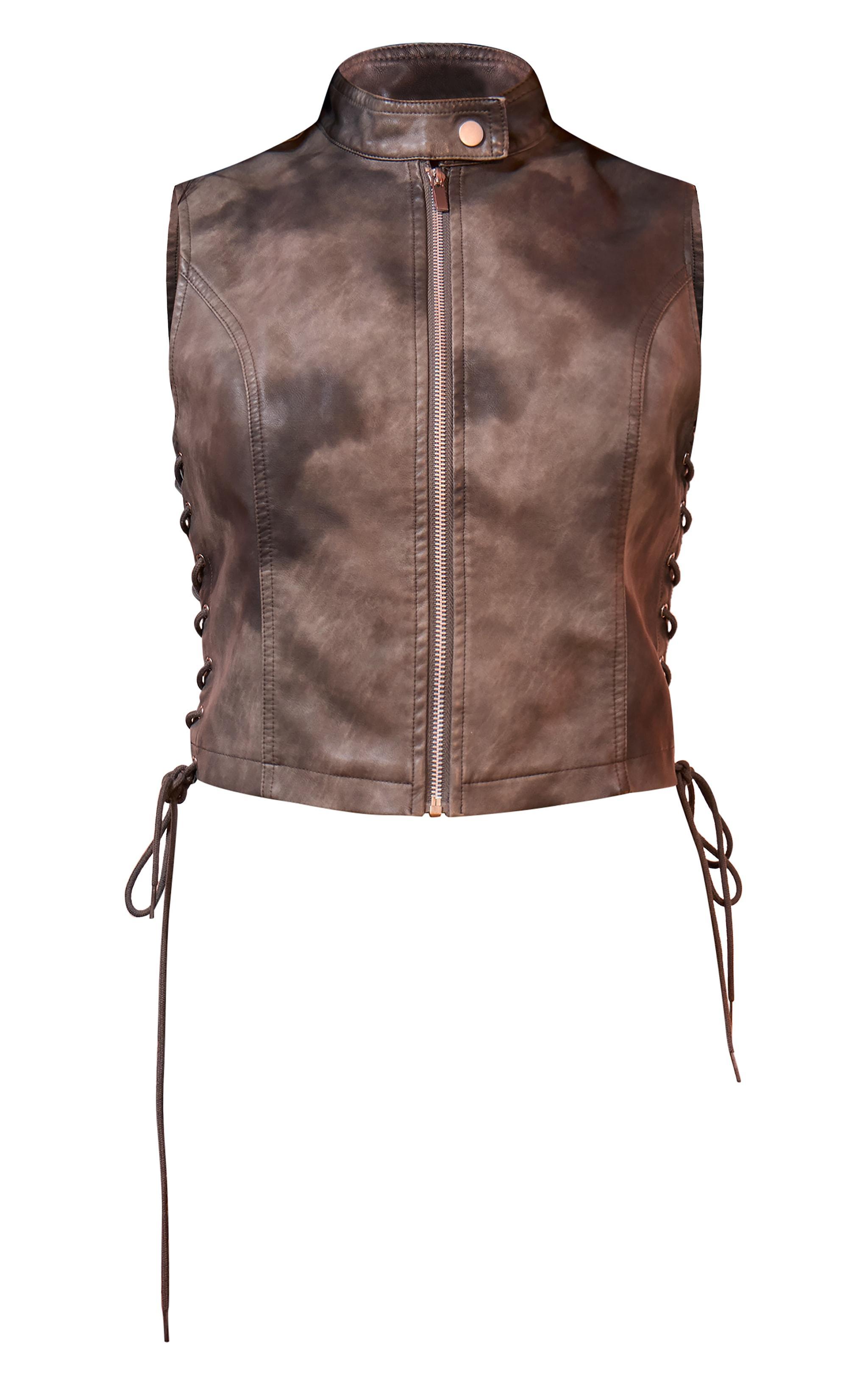 Charcoal Washed Faux Leather Lace Up High Neck Zip Top Product Image