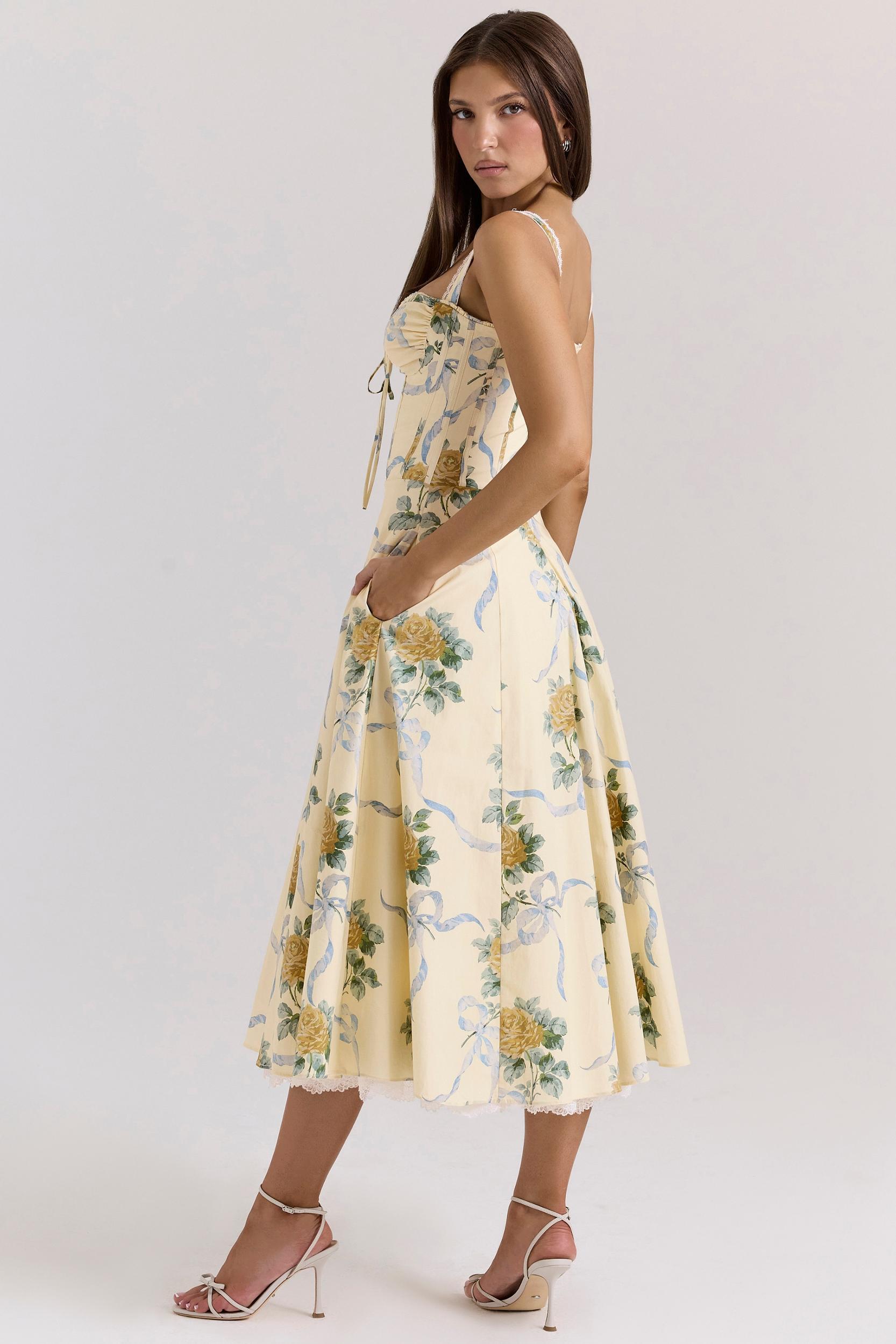 Rosalee  lemon vintage ribbon print cotton midi dress Product Image