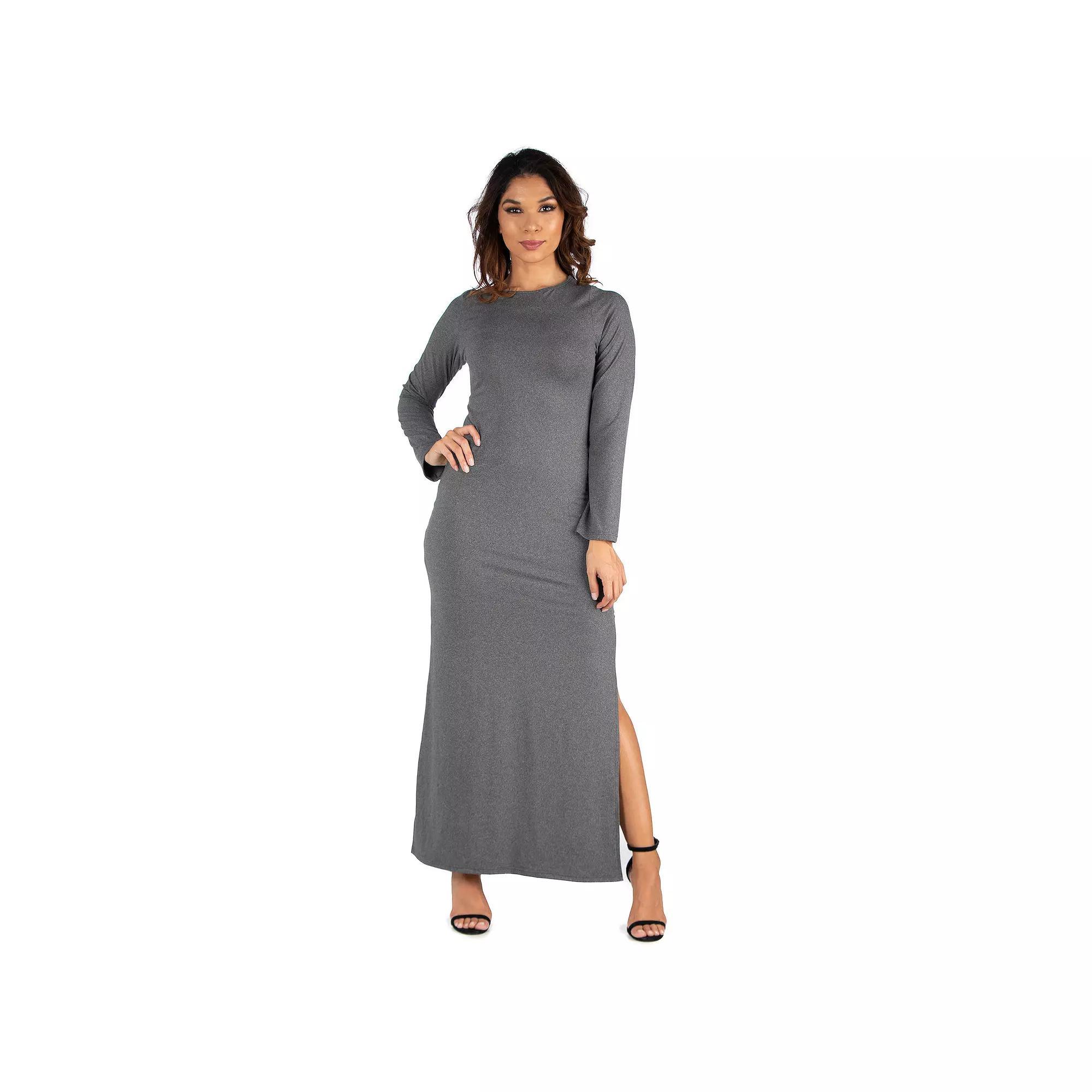 Women's 24seven Comfort Apparel Long Sleeve Side Slit Fitted Maxi Dress, Size: Medium, Grey Product Image