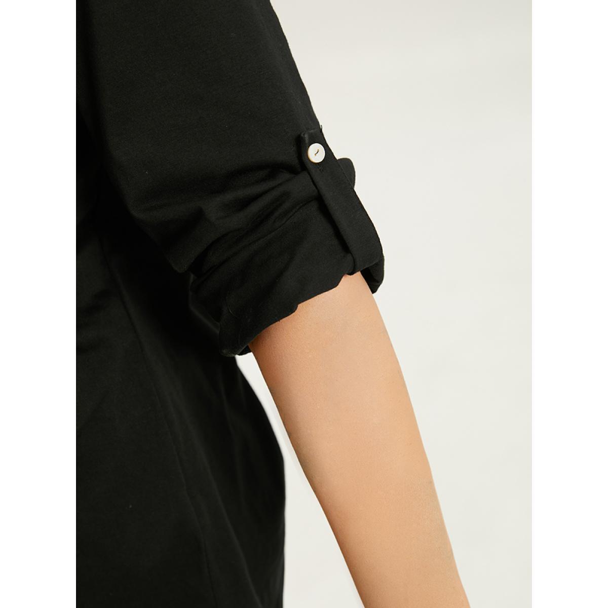 Plus Size Plain Button Up Tab Sleeve T-shirt Black Women Casual Plain Plain Round Neck Dailywear T-shirts BloomChic 10/M Product Image
