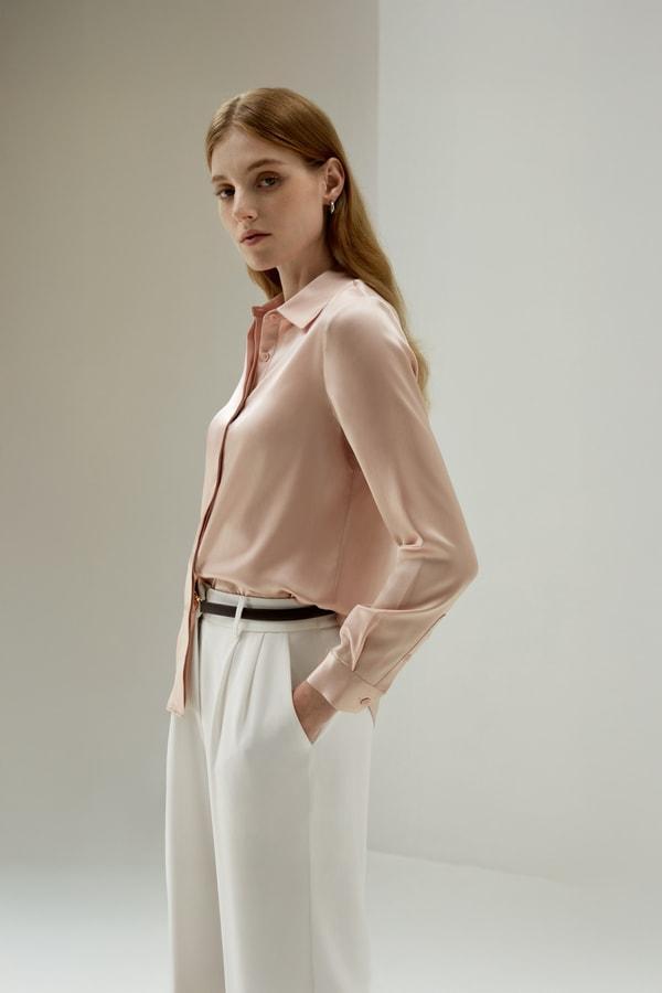Basic Concealed Placket Silk Shirt Product Image