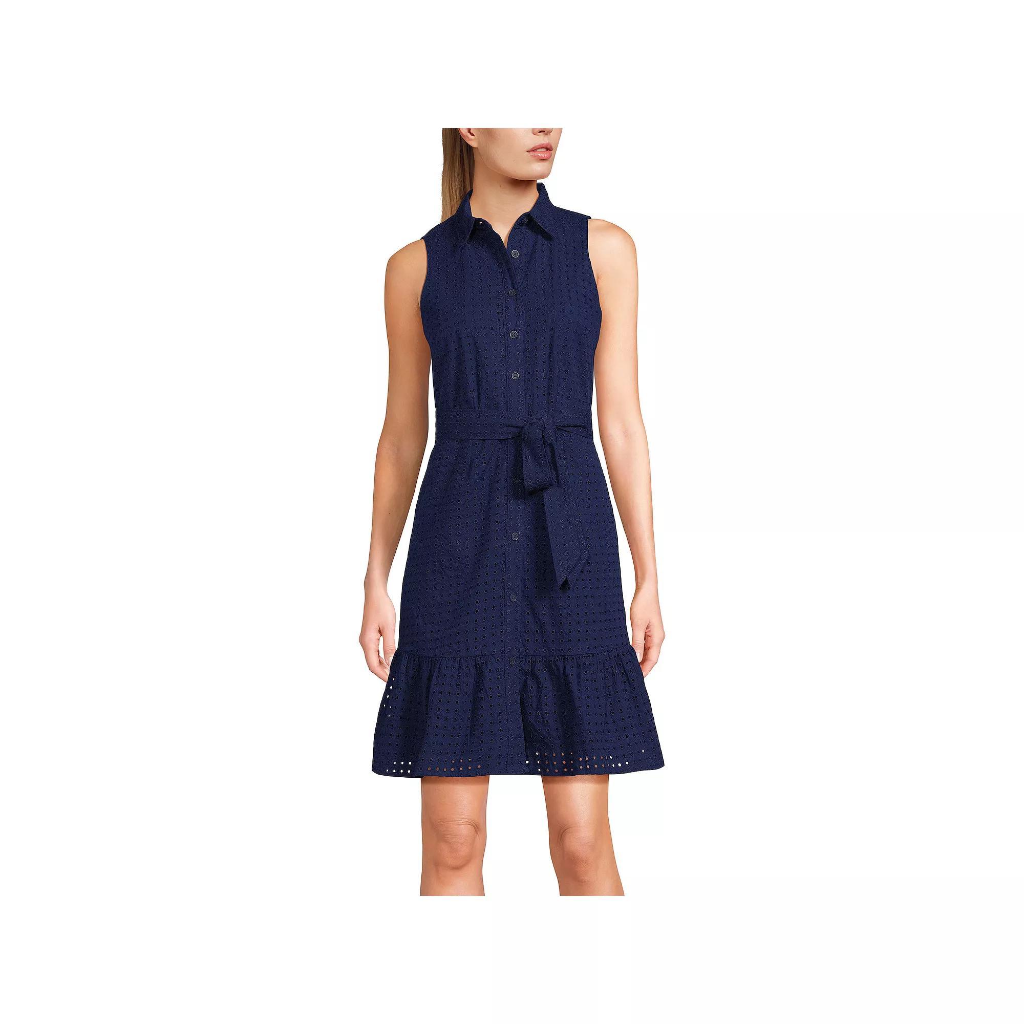 Womens Lands End Womens Collared Sleeveless Eyelet Tiered Shirt Dress Deep Blue Product Image