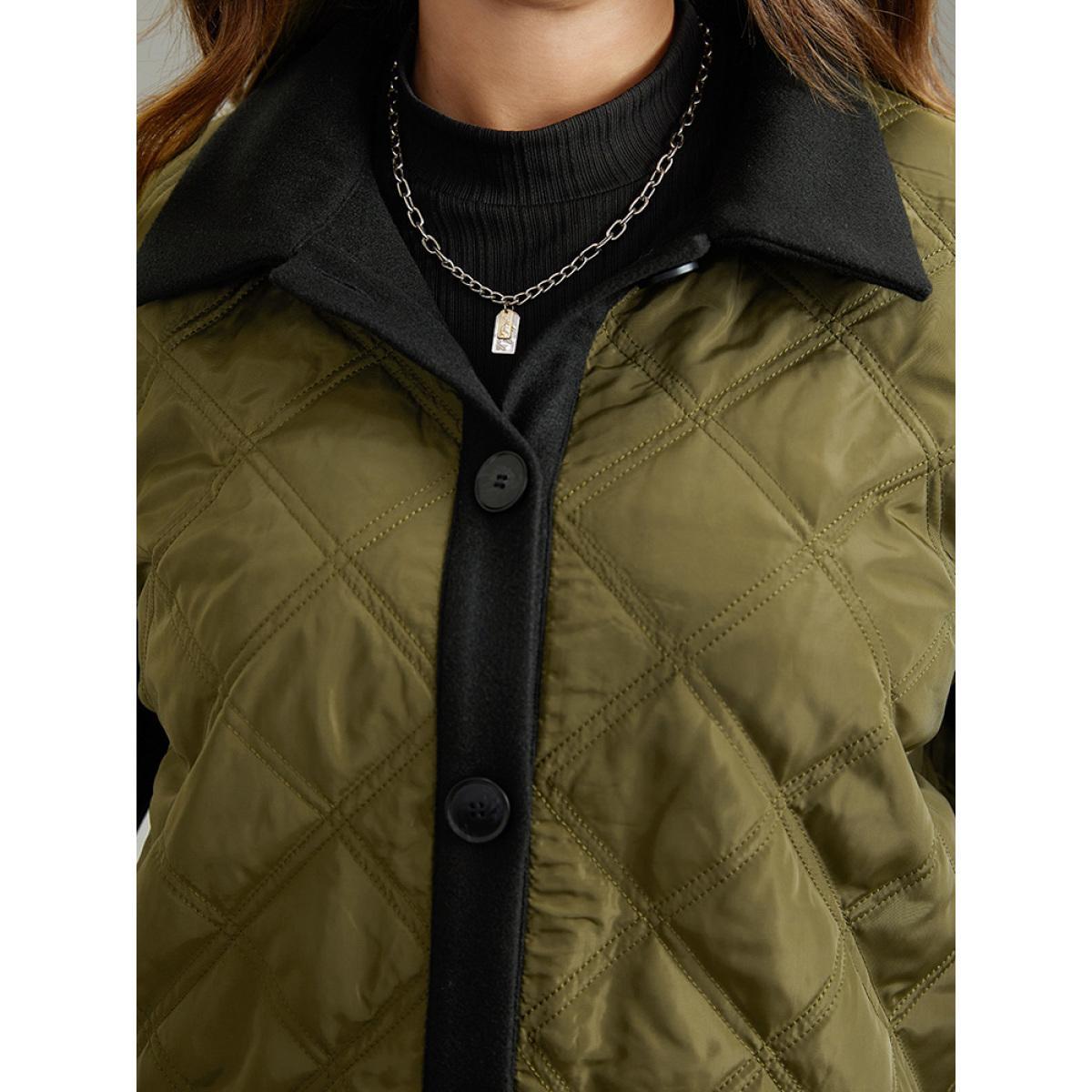 Plus Size Contrast Patchwork Quilted Button Up Jacket Women ArmyGreen Casual Texture Ladies Dailywear Winter Coats BloomChic 30/6X Product Image
