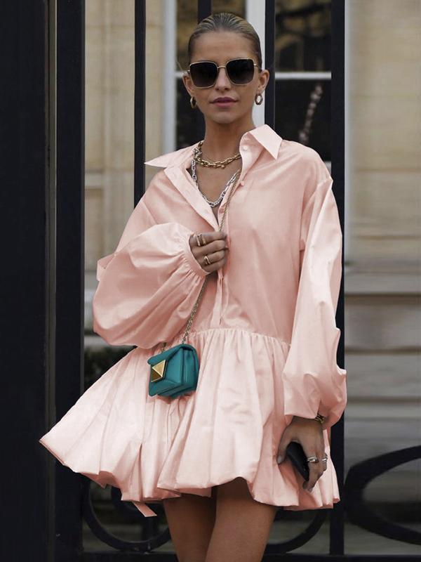 Urban Puff Sleeves Buttoned Split-Joint Solid Color Lapel Mini Dresses Shirt Dress Product Image