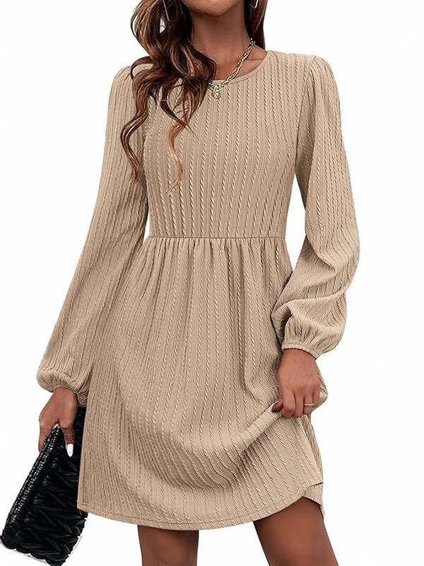 A-Line Long Sleeves Jacquard Solid Color Round-Neck Mini Dresses Product Image