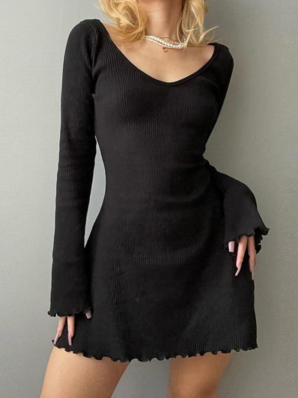 Simple Knitted Long Sleeve Mini Dress Product Image