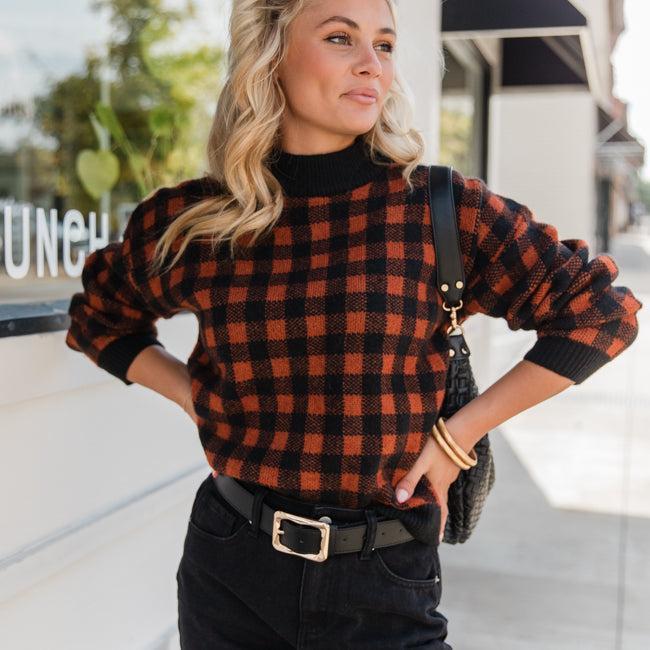 Plaid Pursuit Black and Camel Mock Neck Sweater FINAL SALE Product Image