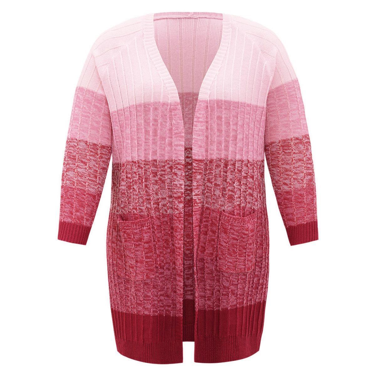 Plus Size Ombre Colorblock Patched Pocket Tunic Cardigan Watermelon Women Casual Loose Long Sleeve Dailywear Cardigans BloomChic 30/6X Product Image