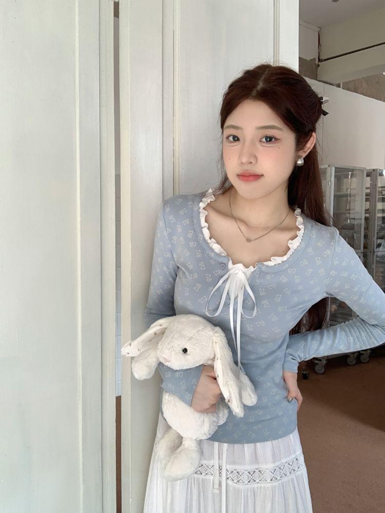 Long-Sleeve U-Neck Bear Print Lace Trim Top Product Image