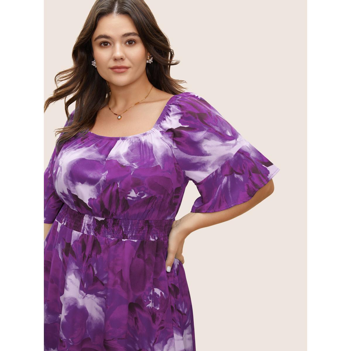 Plus Size Square Neck Floral Shirred Ruffle Sleeve Dress Purple Women Elegant Non Square Neck Short sleeve Curvy Midi Dress BloomChic 22-24/3X Product Image