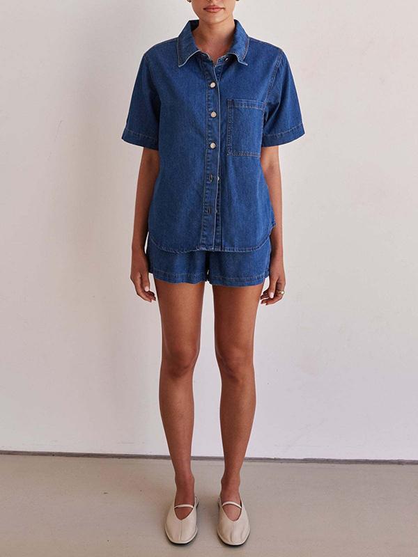 Loose Short Sleeves Split-Joint Lapel Blouses&Shirts Tops Product Image