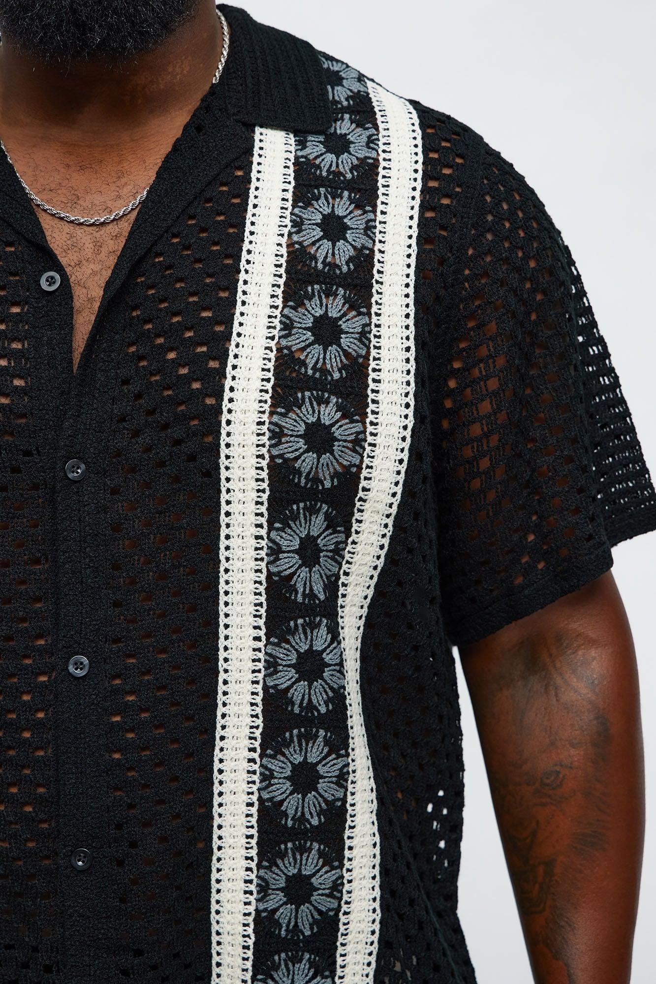 Crochet Panel Cuban Collar Button Up Shirt - Black/combo Product Image