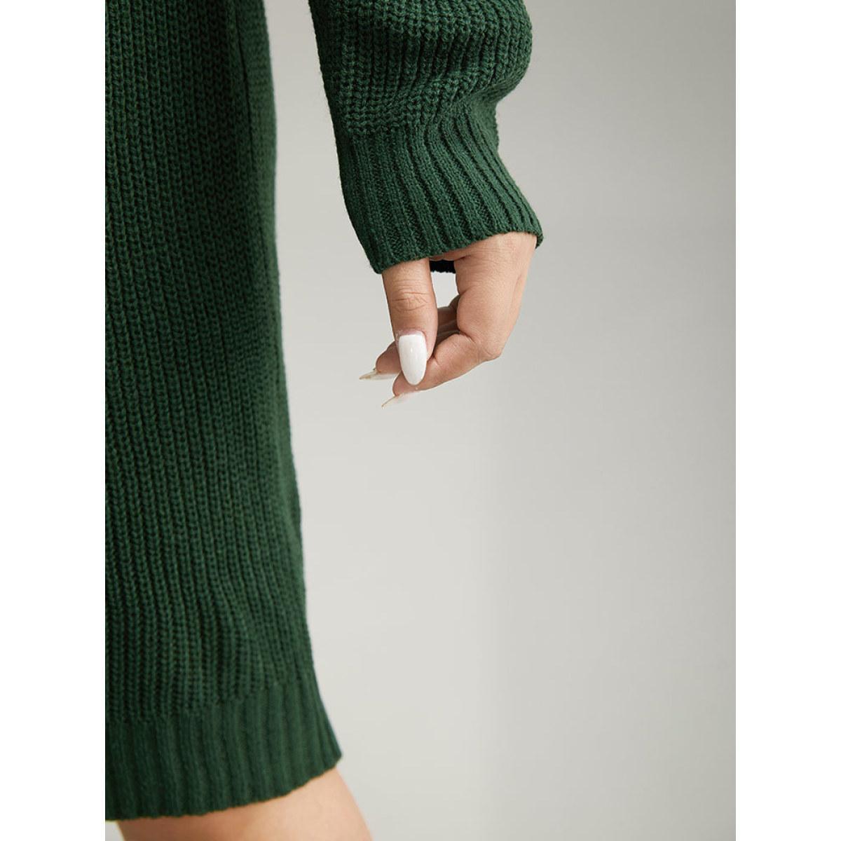 Plus Size Solid Plisse Turtle Neck Knee Sweater Dress DarkGreen Women Casual Loose Long Sleeve Festival-Christmas Sweater Dresses BloomChic 22-24/3X Product Image