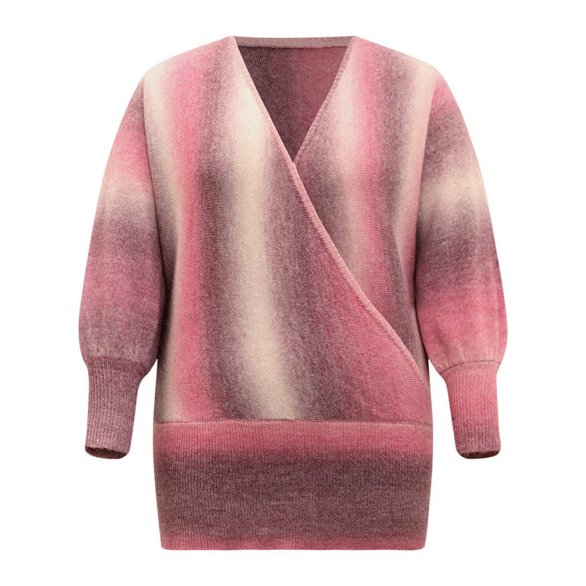 Plus Size Ombre Surplice Neck Elastic Hem Pullover Multicolor Women Casual Loose Long Sleeve V-neck Dailywear Pullovers BloomChic 26/4X Product Image