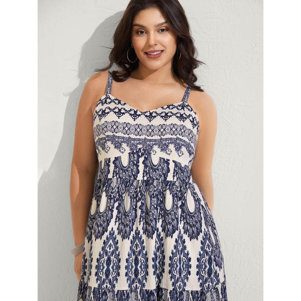 Plus Size Boho Print Shirred Cami Midi Dress DarkBlue Women V-neck Sleeveless Curvy BloomChic 18-20/2X Product Image