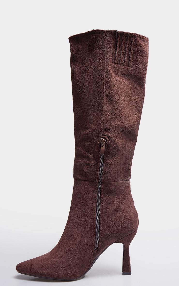Chocolate Faux Suede Point Toe Knee High Heeled Boots Product Image
