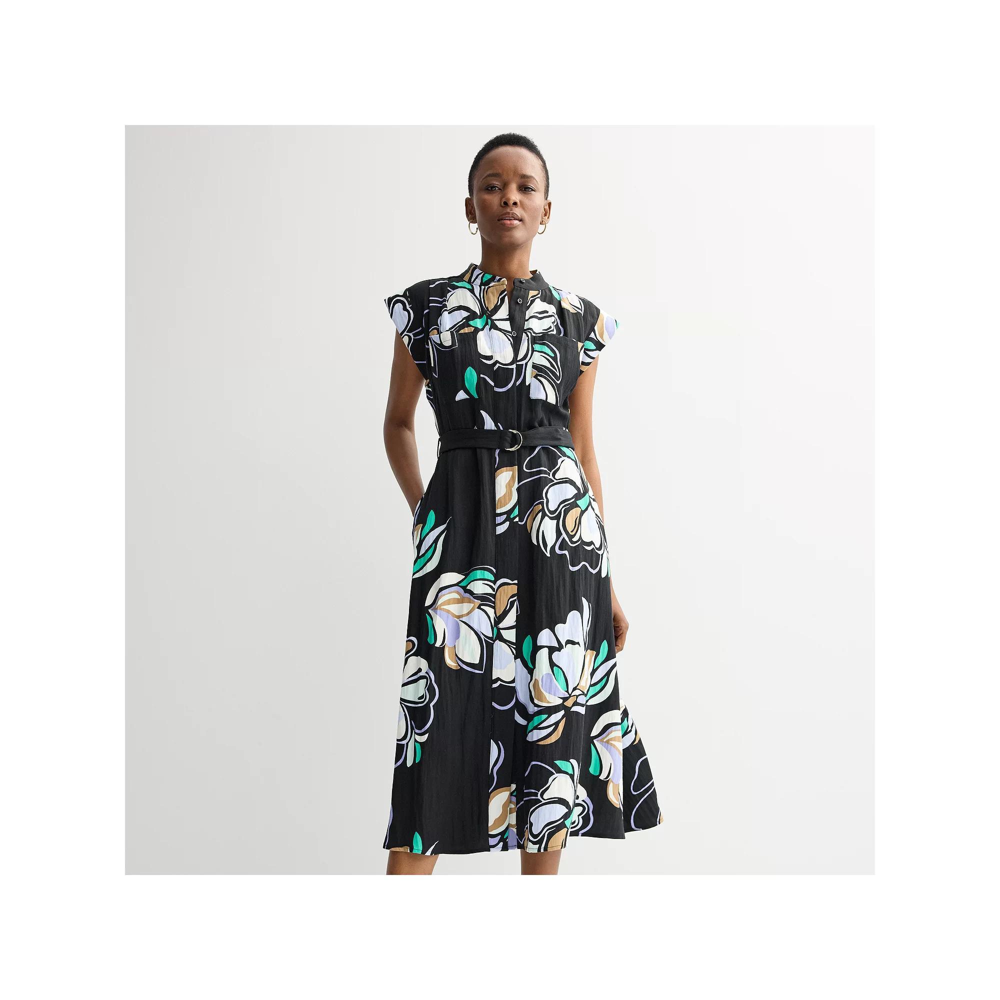 Women's Nine West Cap Sleeve Midi Shirt Dress, Size: Medium, Black Olivia Floral Product Image