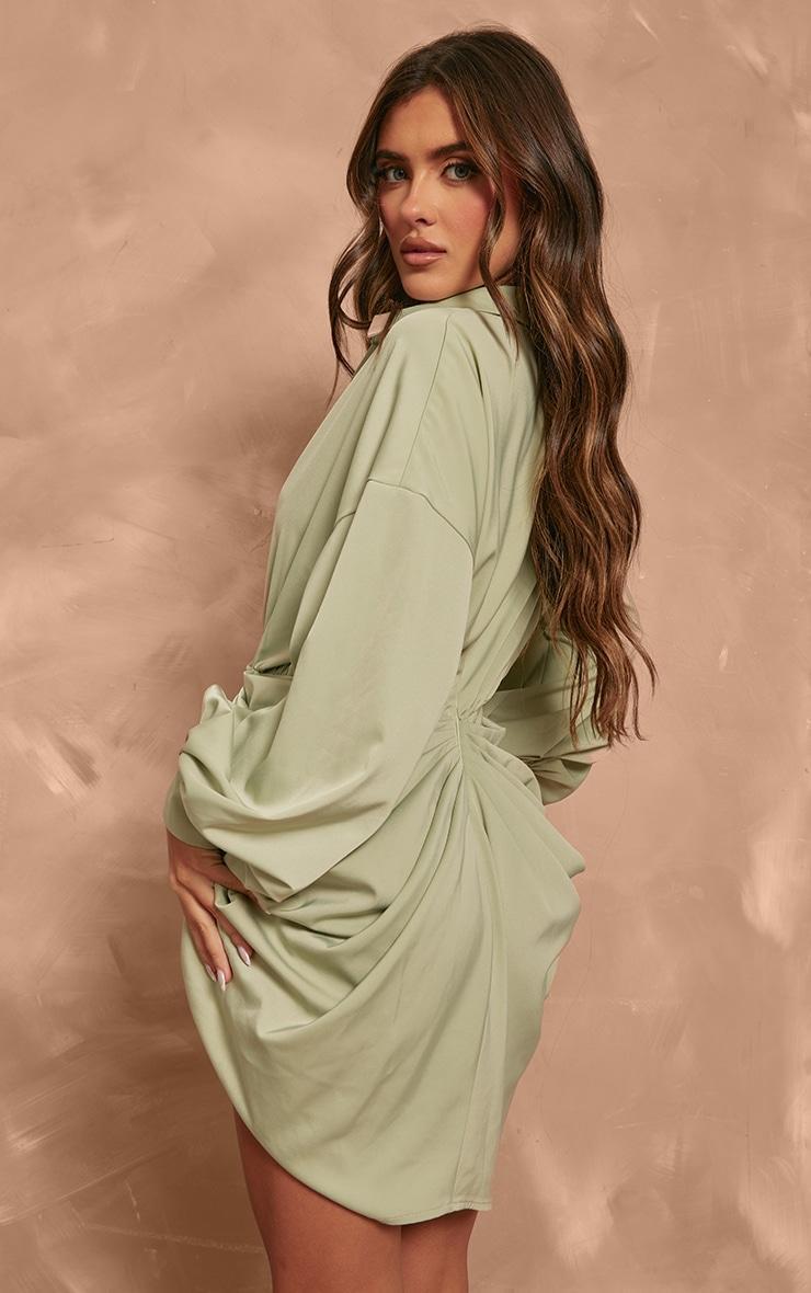 Sage Satin Drape Skirt Oversized Sleeve Shirt Dress Product Image
