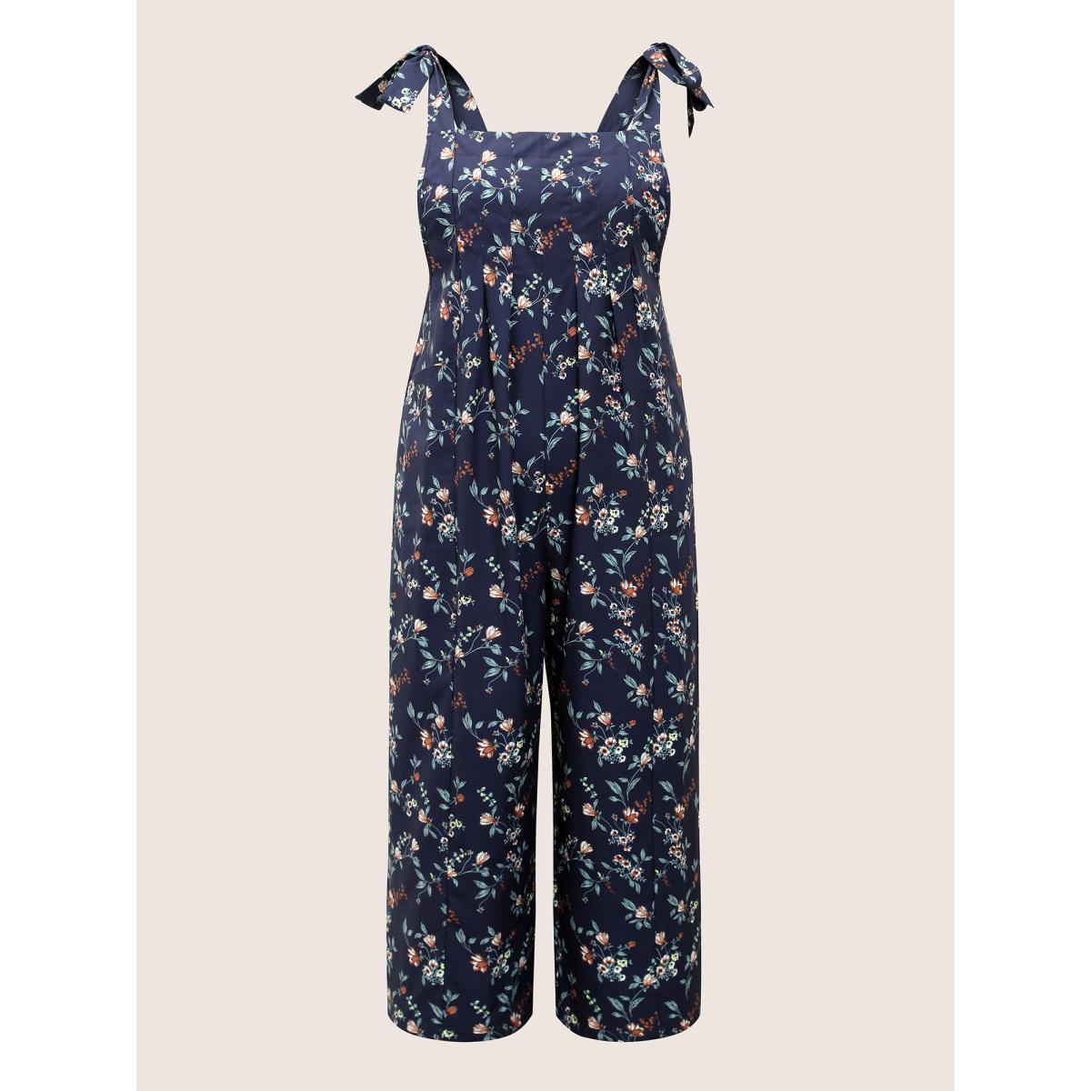 Plus Size Indigo Ditsy Floral Pleated Ties Spaghetti Strap Jumpsuit Women Casual Sleeveless Spaghetti Strap Everyday Loose Jumpsuits BloomChic 26/4X Product Image