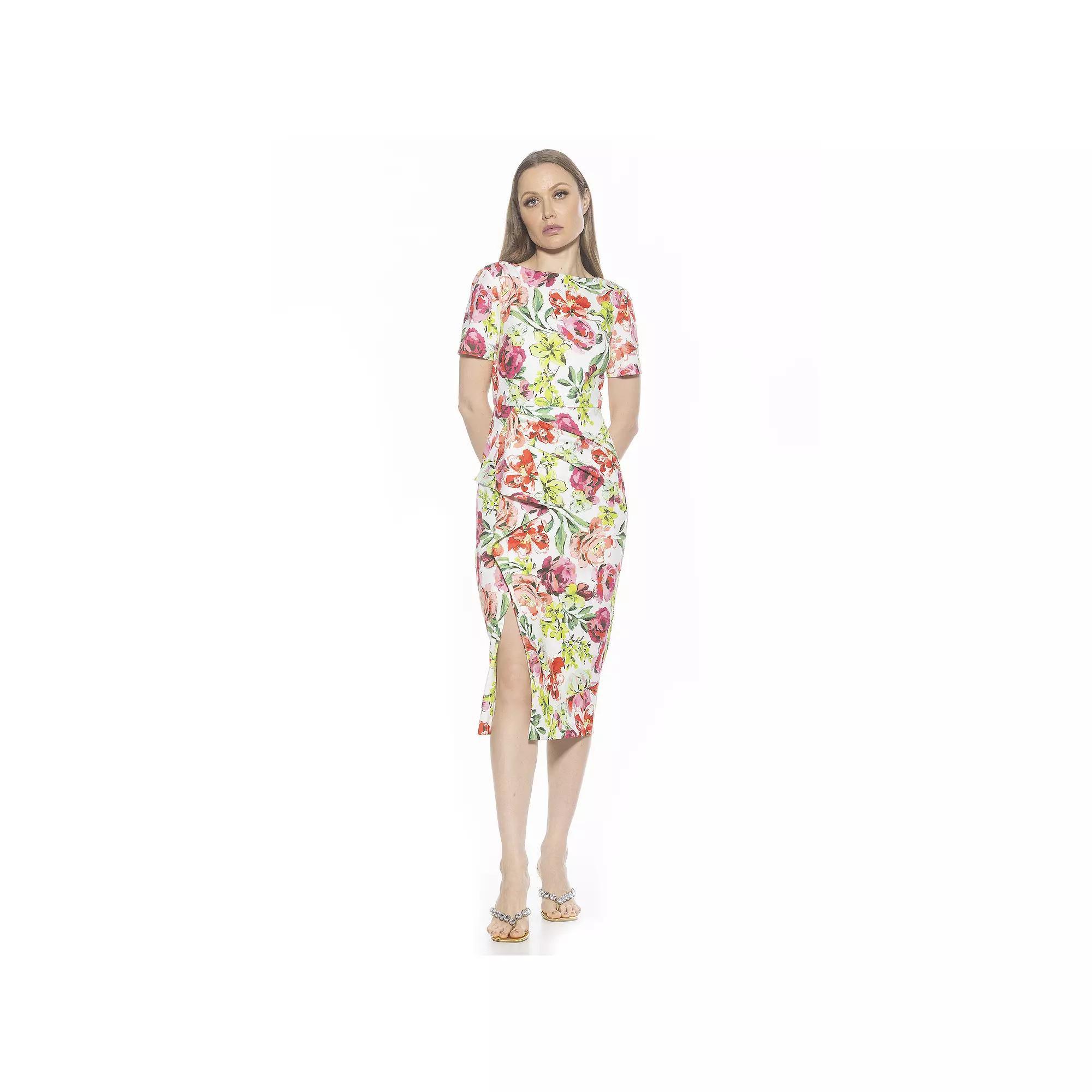 Women's ALEXIA ADMOR Zayd Boatneck Midi Sheath Dress With Front Ruffle, Size: Small, Large Floral Product Image