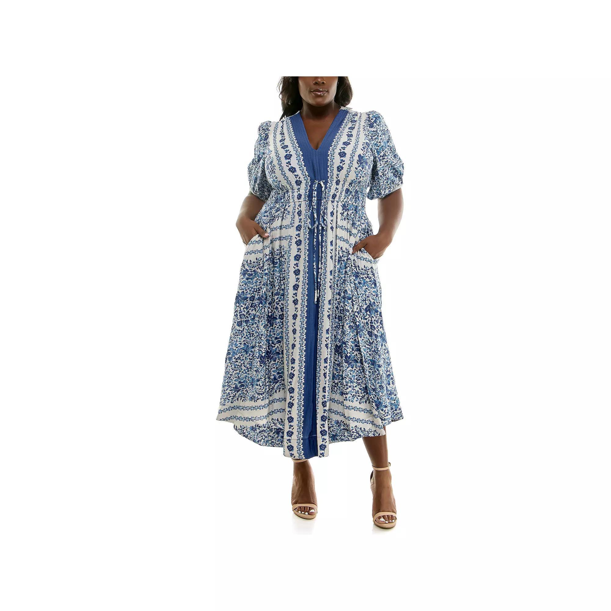 Plus Size Taylor Puff Sleeve Smocked Waist Fit & Flare Maxi Dress, Women's, Size: 14 Regular, White Steel Blue Product Image