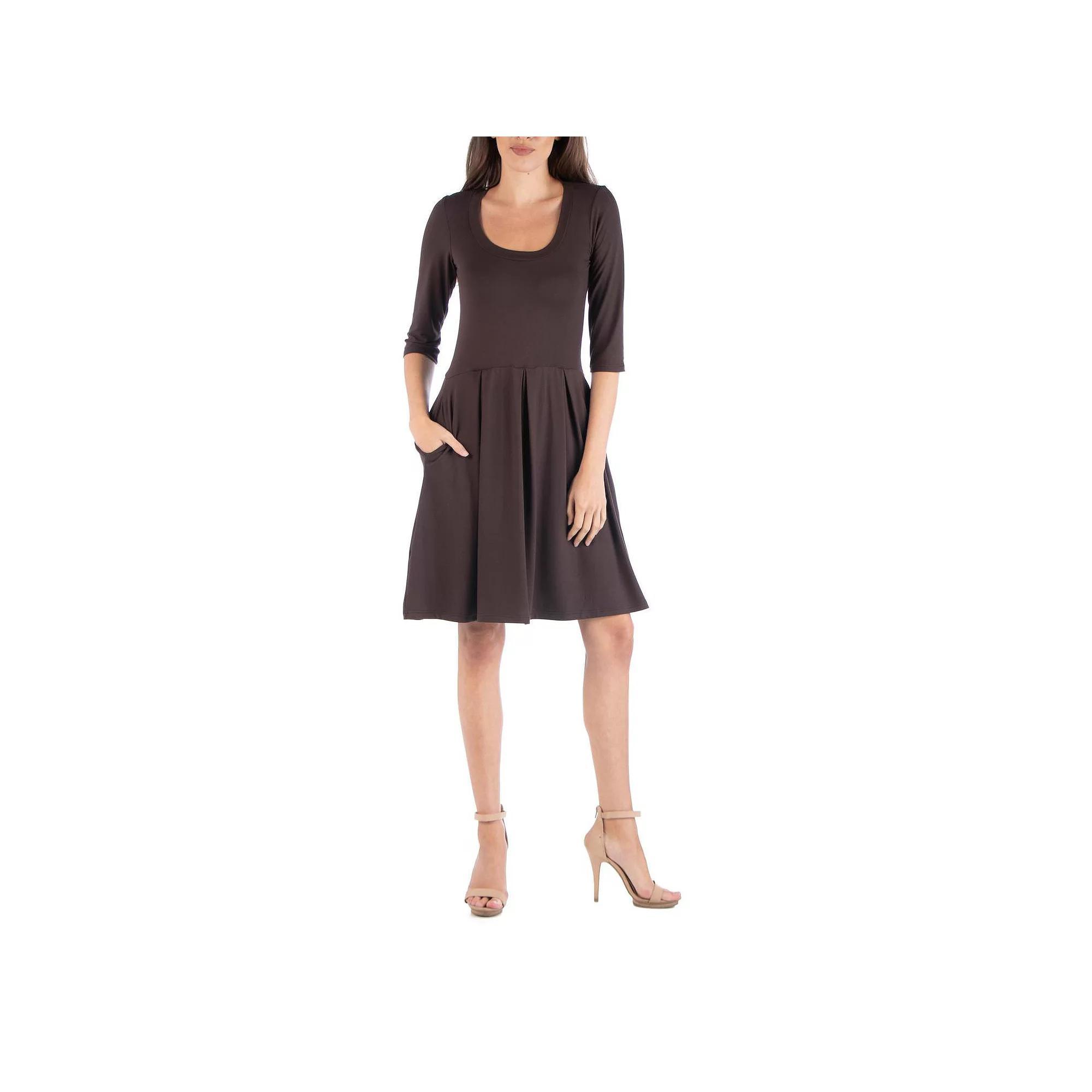 Women's 24Seven Comfort Apparel Three-Quarter Sleeve Fit And Flare Mini Dress, Size: Large, Brown Product Image
