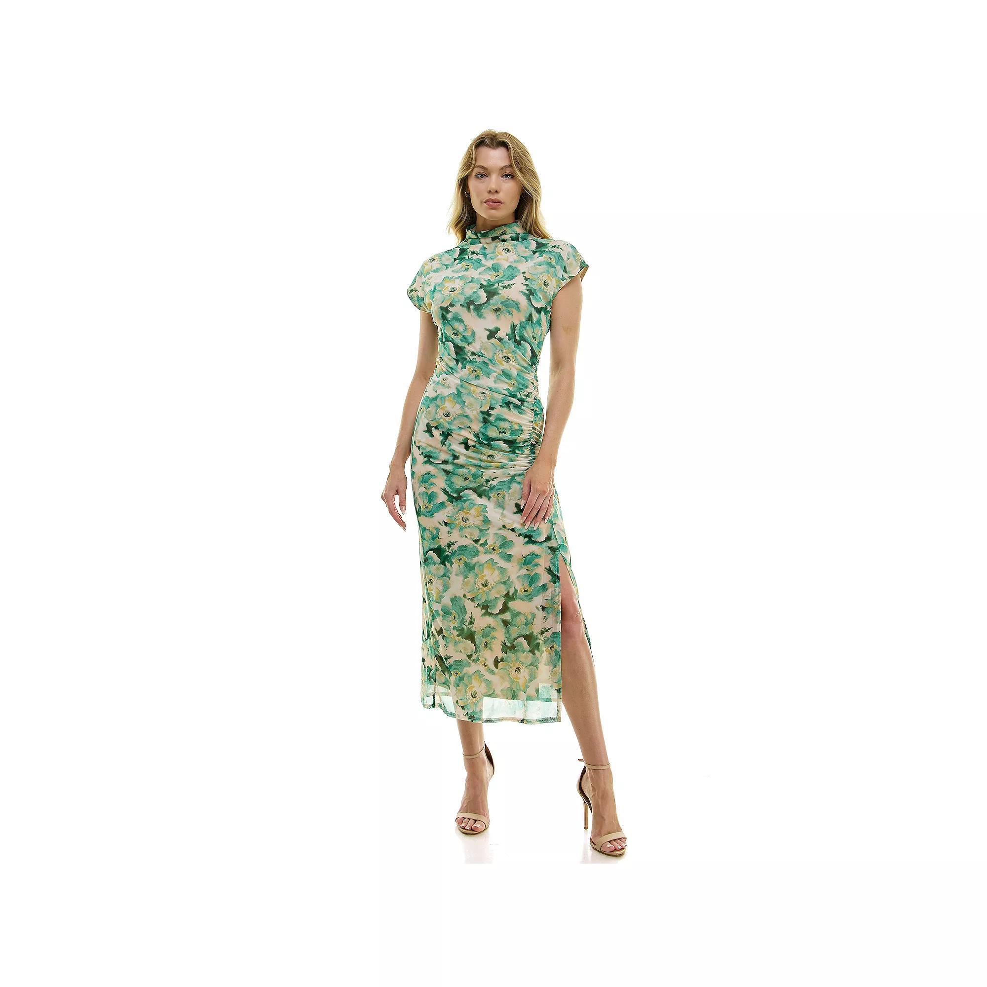 Women's Luxology Mesh Mockneck Midi Dress, Size: Large, Jade Yellow Cream Product Image