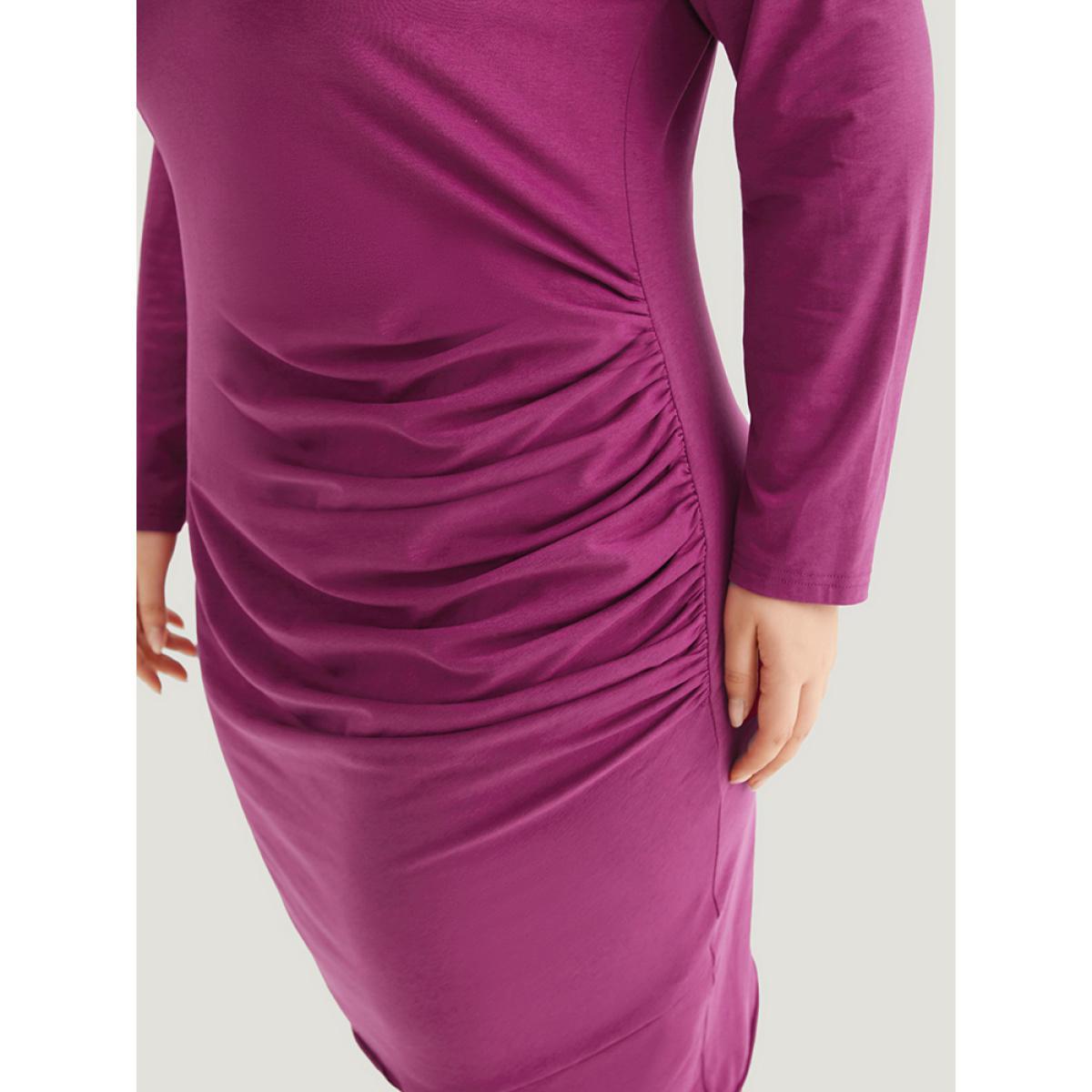 Plus Size Supersoft Essentials Solid Crew Neck Gathered Dress RedViolet Women Casual Gathered Round Neck Long Sleeve Curvy Knee Dress BloomChic 22-24/3X Product Image
