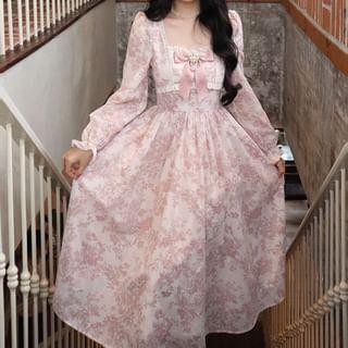 Long Sleeve Square Neck Floral Print Bow Panel Midi A-Line Dress Product Image