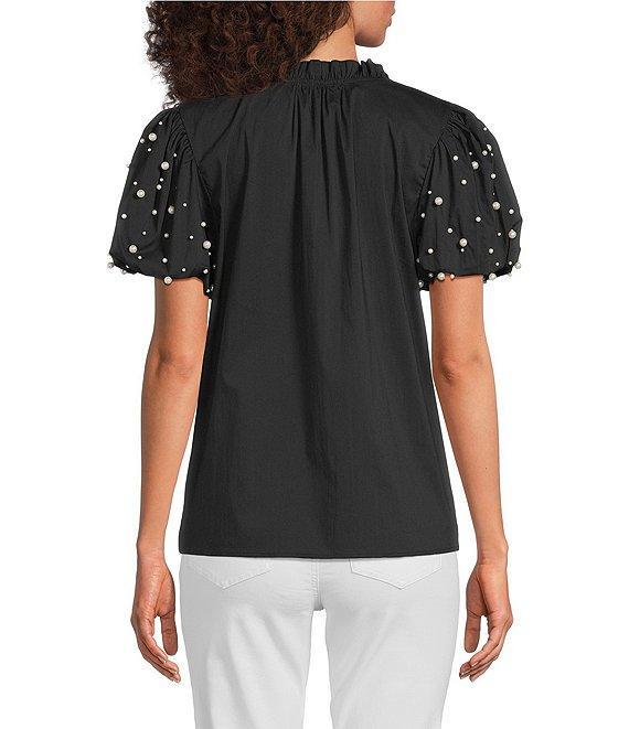 Calessa Short Pearl Sleeve Split V-Neck Woven Blouse Product Image