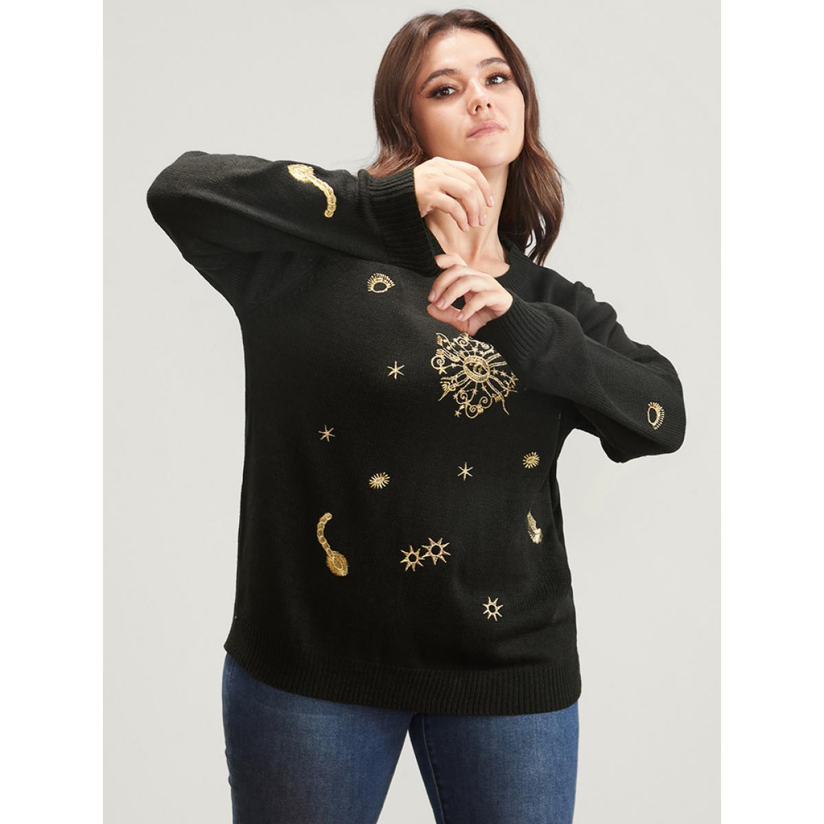 Plus Size Halloween Moon And Star Pointelle Knit Embroidered Knit Top Black Women Casual Loose Long Sleeve Round Neck Festival-Halloween Pullovers BloomChic 22-24/3X Product Image